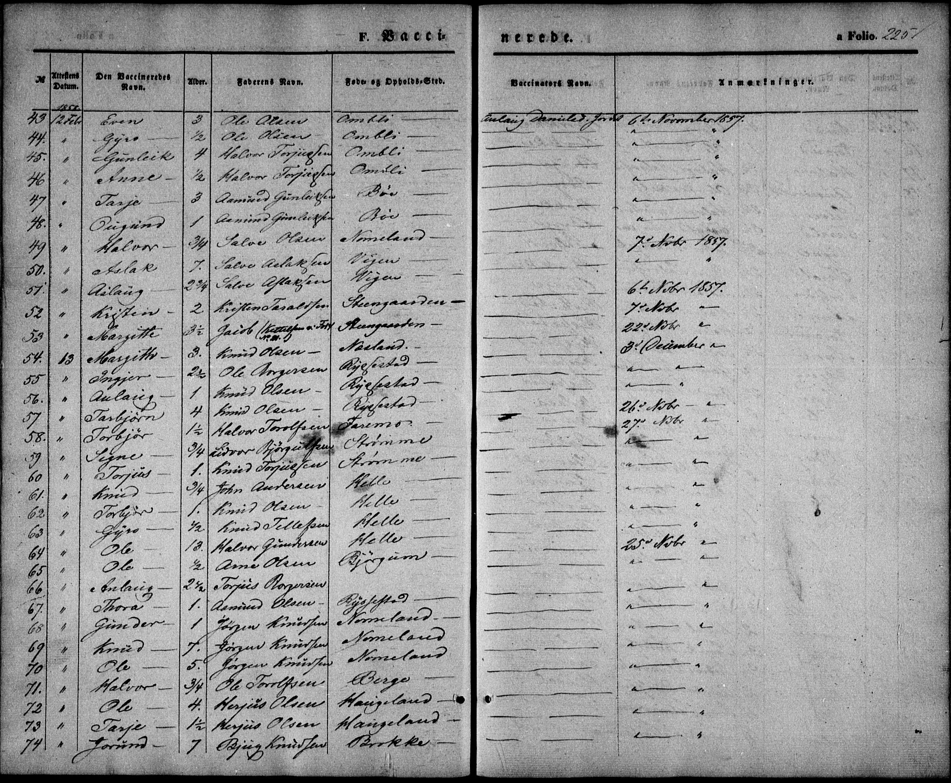 Valle sokneprestkontor, SAK/1111-0044/F/Fa/Fac/L0007: Parish register (official) no. A 7, 1854-1868, p. 225