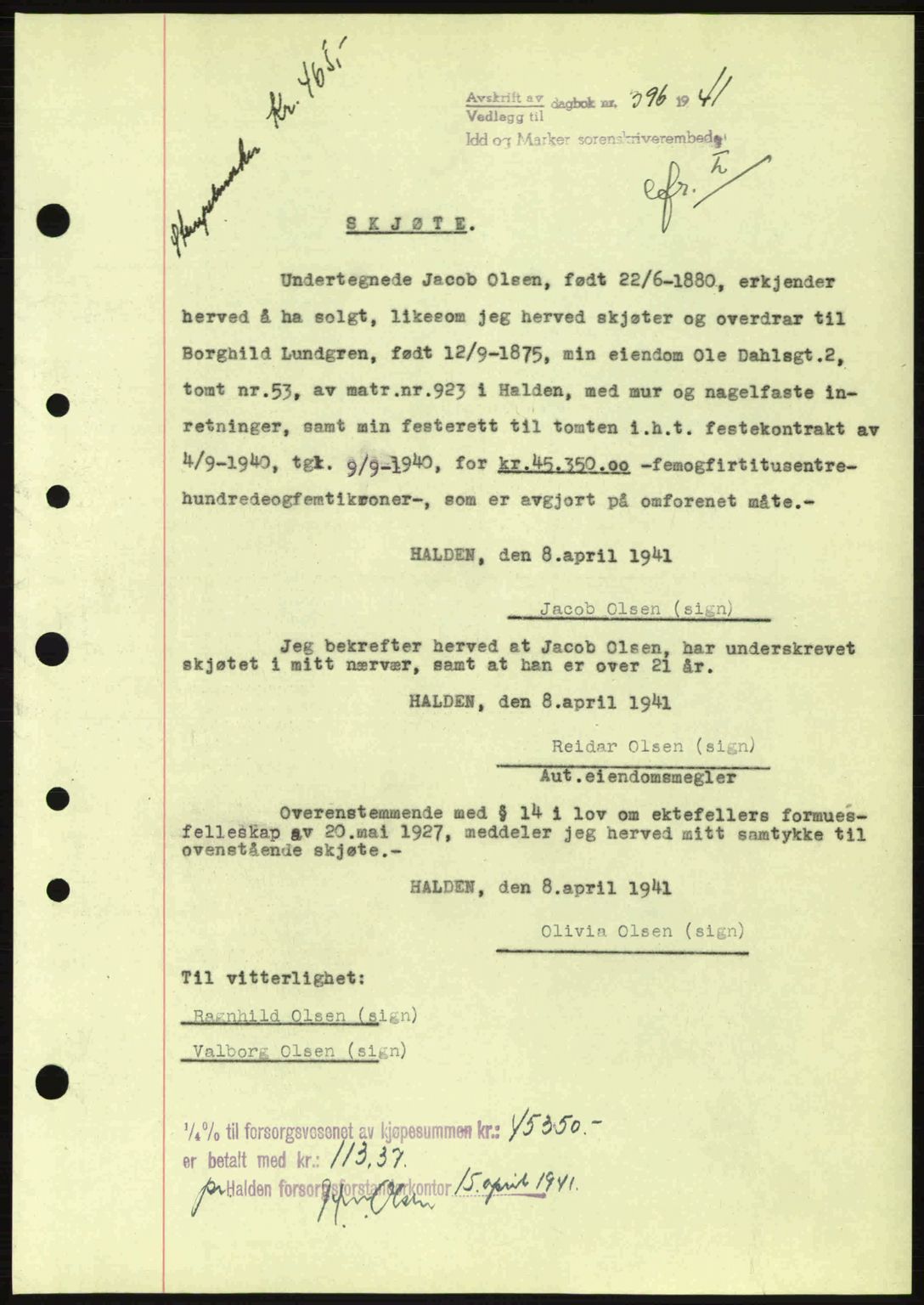 Idd og Marker sorenskriveri, AV/SAO-A-10283/G/Gb/Gbb/L0004: Mortgage book no. A4, 1940-1941, Diary no: : 396/1941