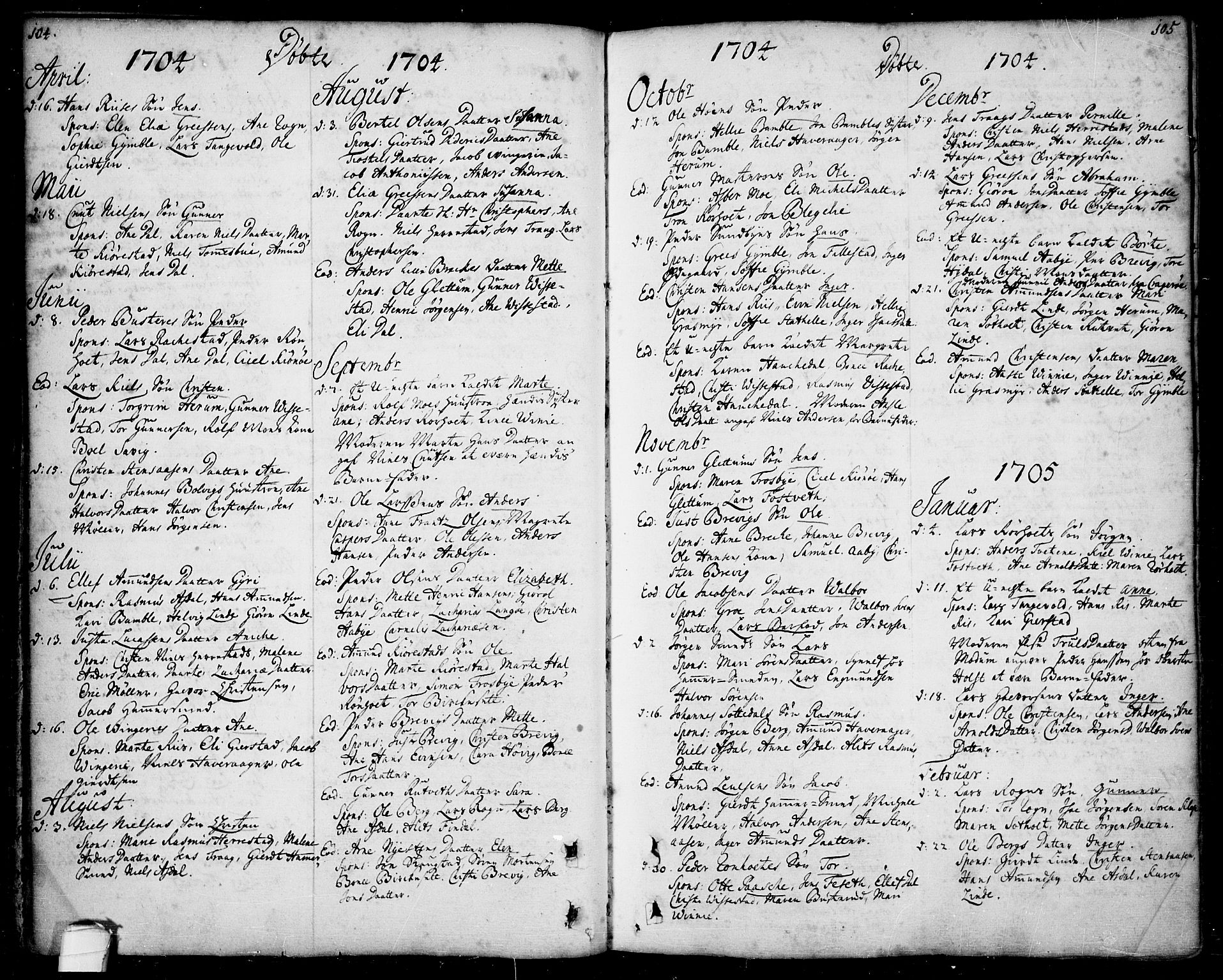 Bamble kirkebøker, SAKO/A-253/F/Fa/L0001: Parish register (official) no. I 1, 1702-1774, p. 104-105