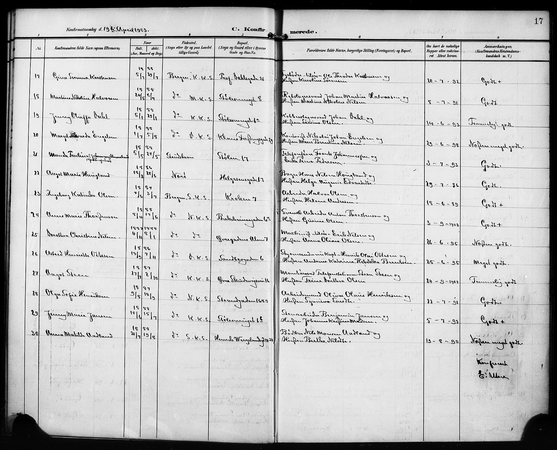 Mariakirken Sokneprestembete, AV/SAB-A-76901/H/Hab/L0009: Parish register (copy) no. A 9, 1901-1919, p. 17