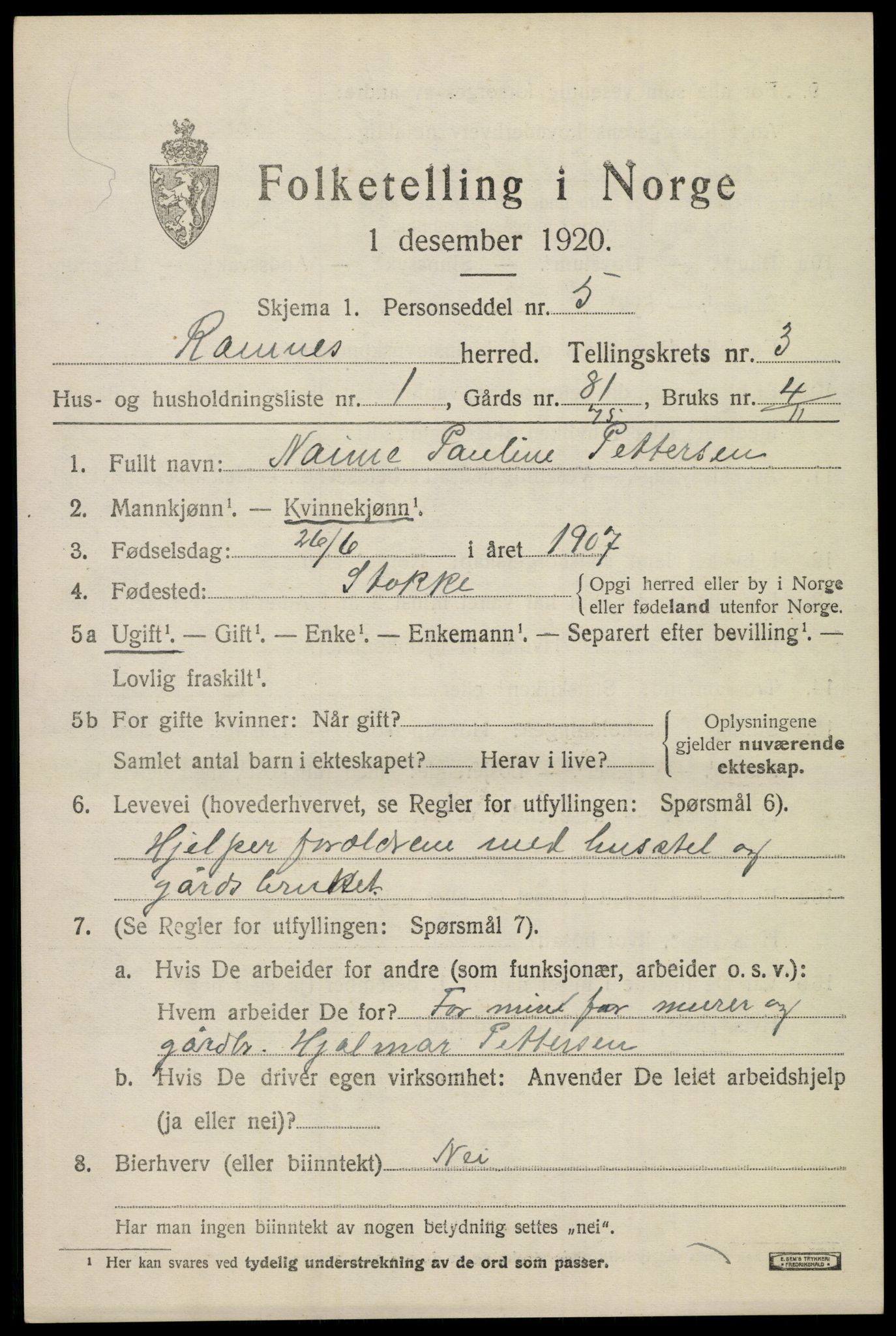 SAKO, 1920 census for Ramnes, 1920, p. 3248