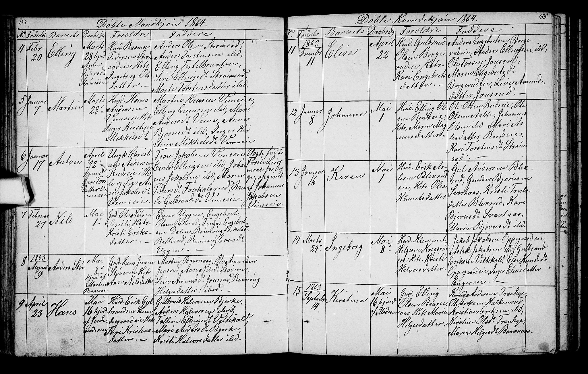 Lunder kirkebøker, AV/SAKO-A-629/G/Ga/L0002: Parish register (copy) no. I 2, 1849-1868, p. 154-155