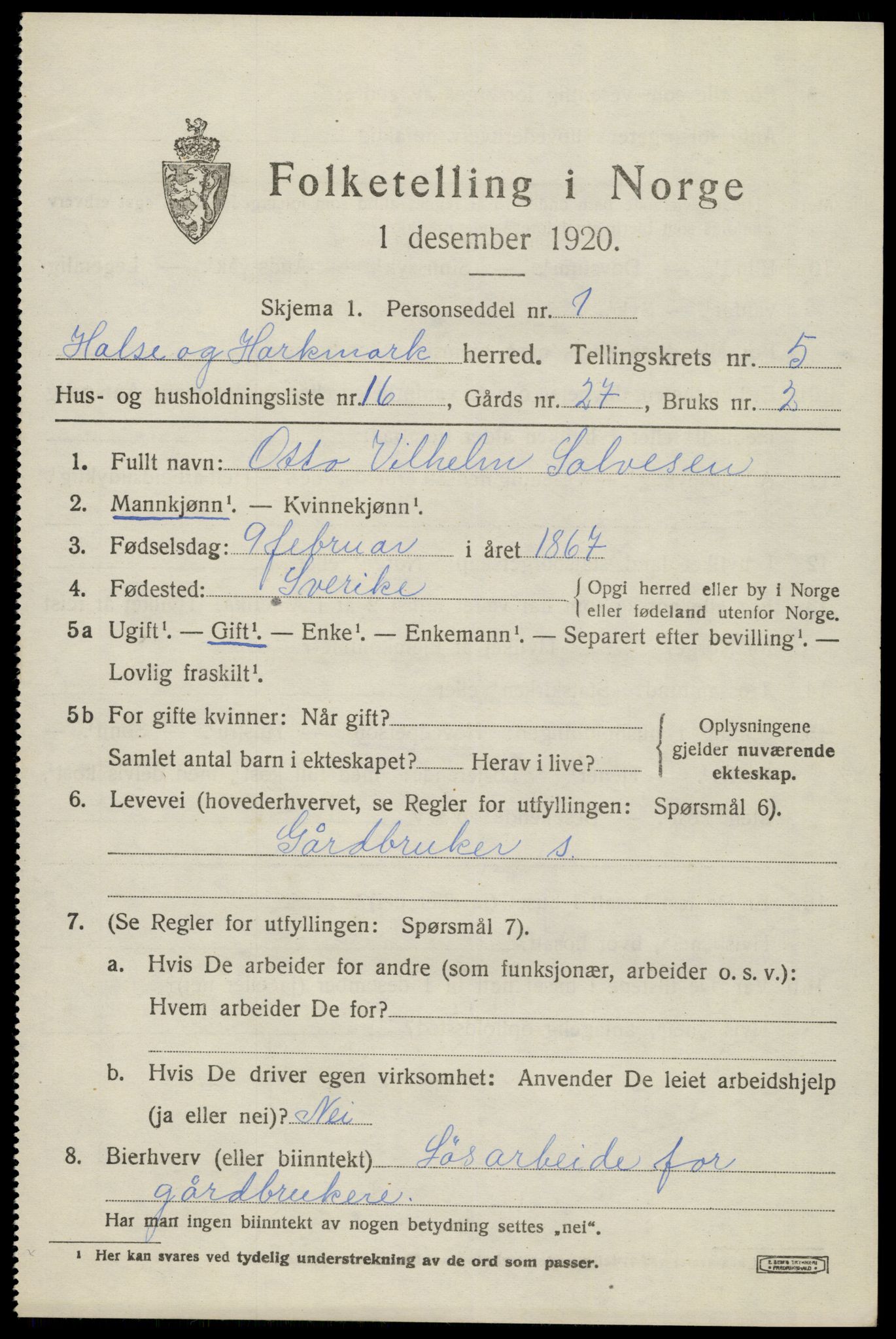 SAK, 1920 census for Halse og Harkmark, 1920, p. 3154