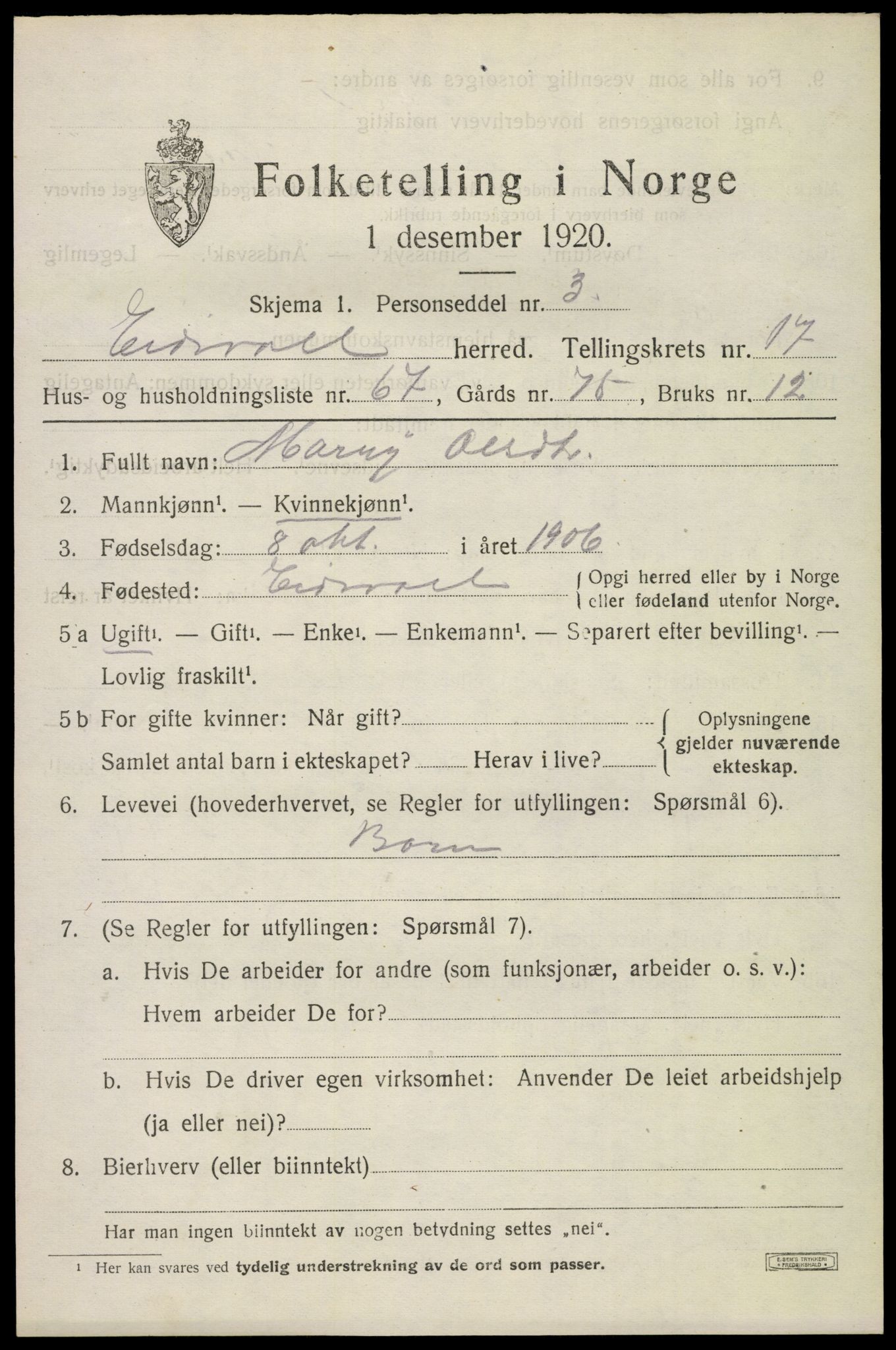 SAO, 1920 census for Eidsvoll, 1920, p. 24389