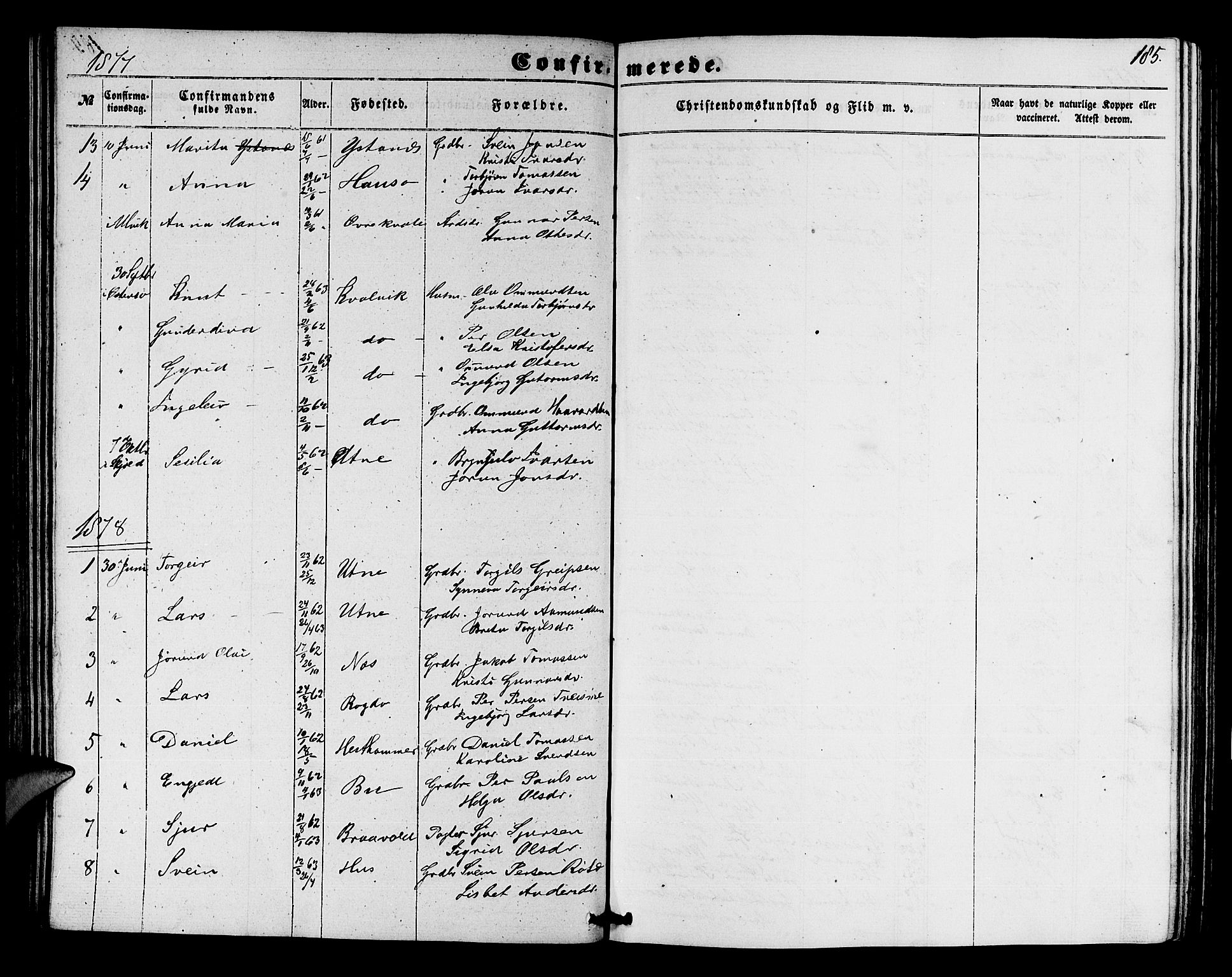 Ullensvang sokneprestembete, SAB/A-78701/H/Hab: Parish register (copy) no. E 6, 1857-1886, p. 185