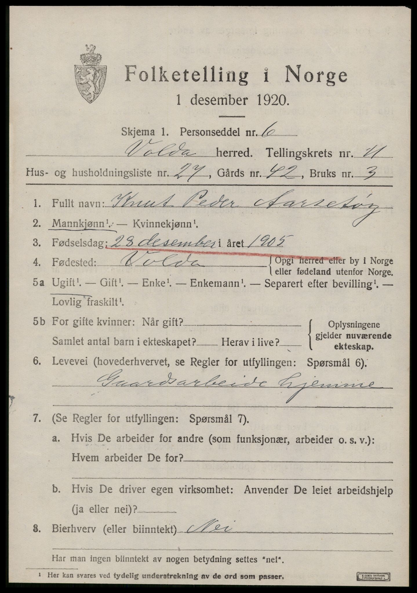 SAT, 1920 census for Volda, 1920, p. 8280