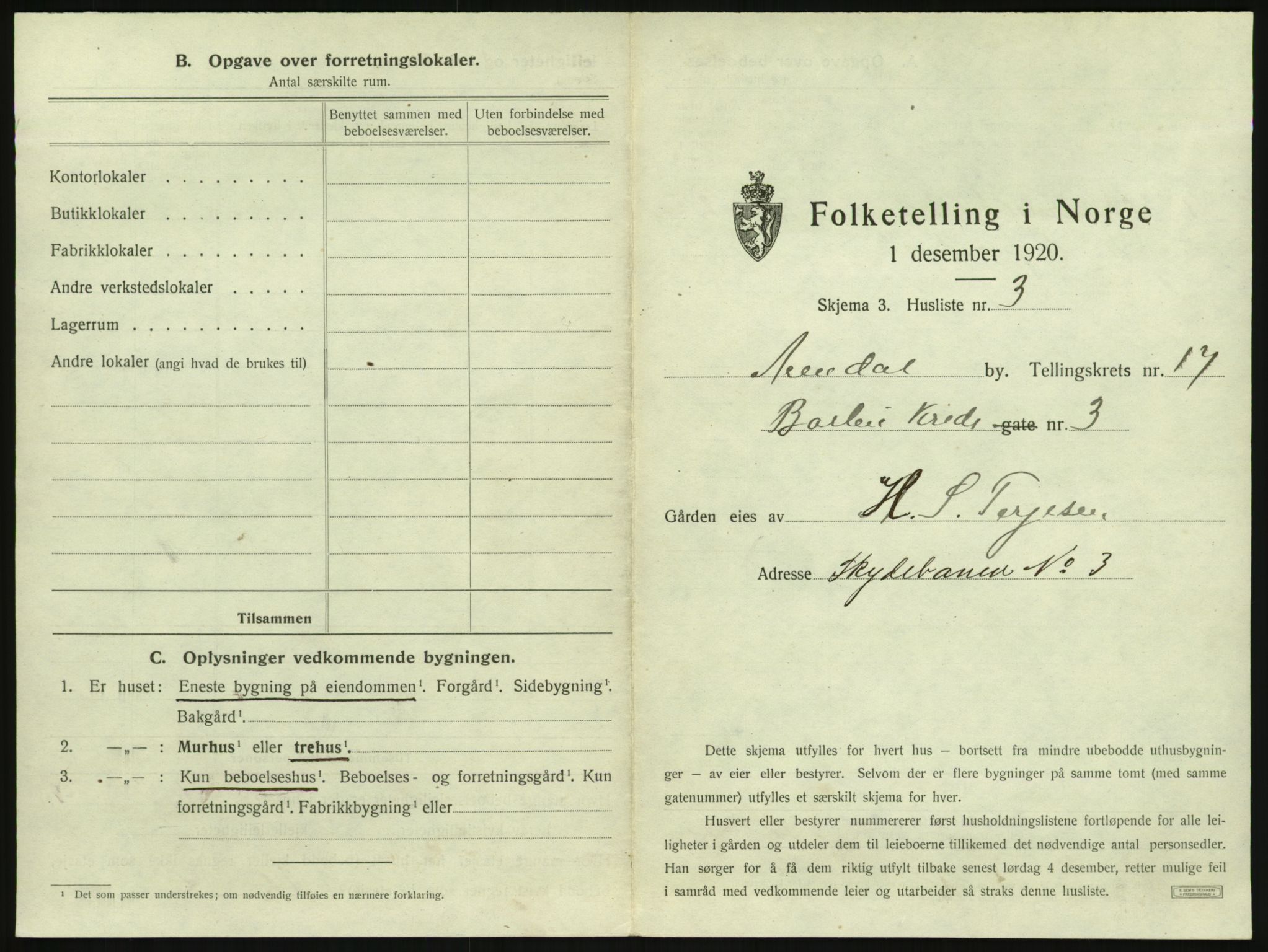 SAK, 1920 census for Arendal, 1920, p. 2534