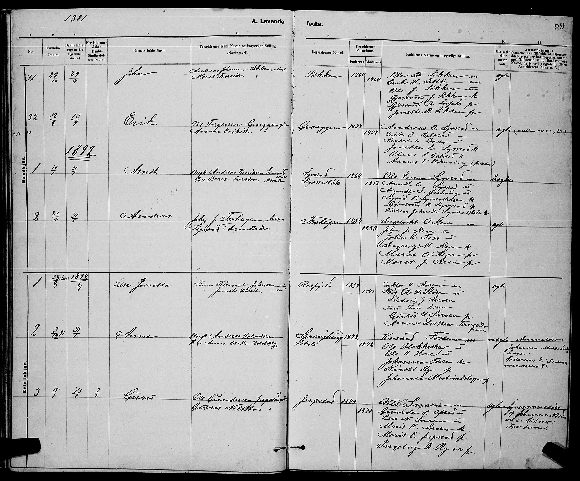 Ministerialprotokoller, klokkerbøker og fødselsregistre - Sør-Trøndelag, SAT/A-1456/672/L0863: Parish register (copy) no. 672C02, 1888-1901, p. 39