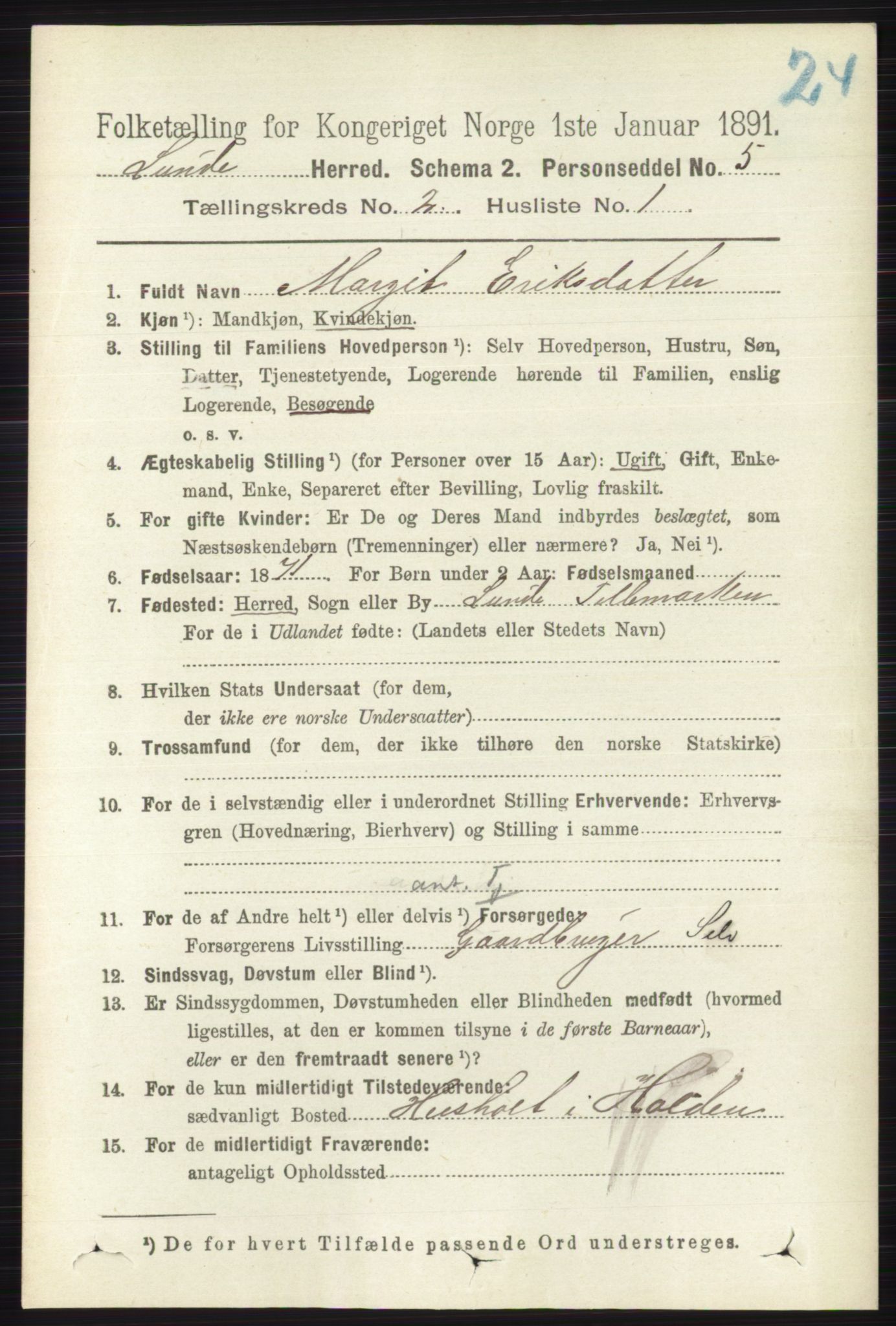 RA, 1891 census for 0820 Lunde, 1891, p. 362