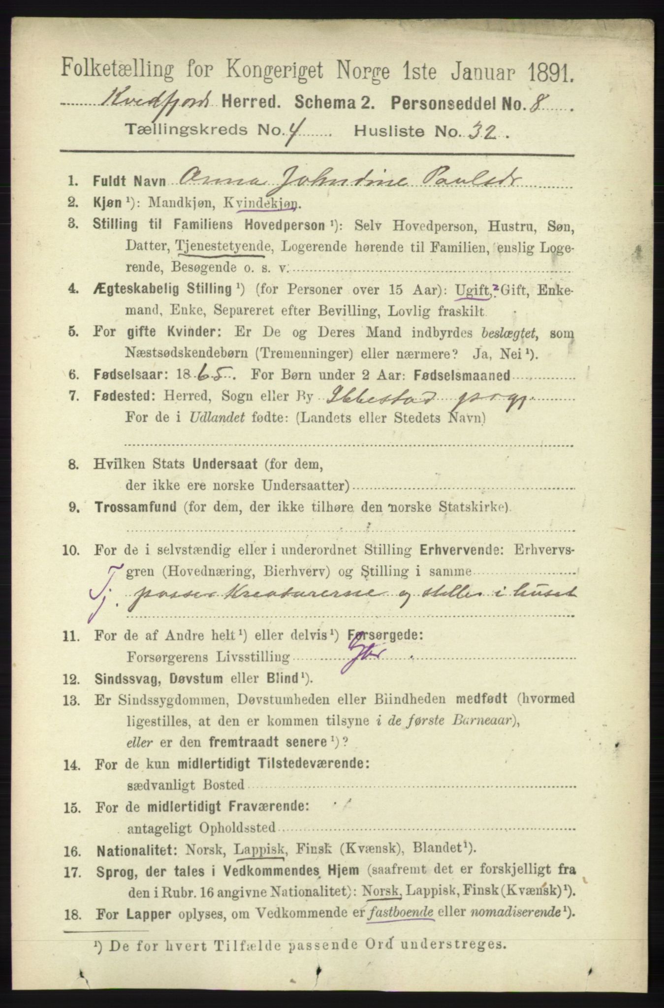 RA, 1891 census for 1911 Kvæfjord, 1891, p. 2106