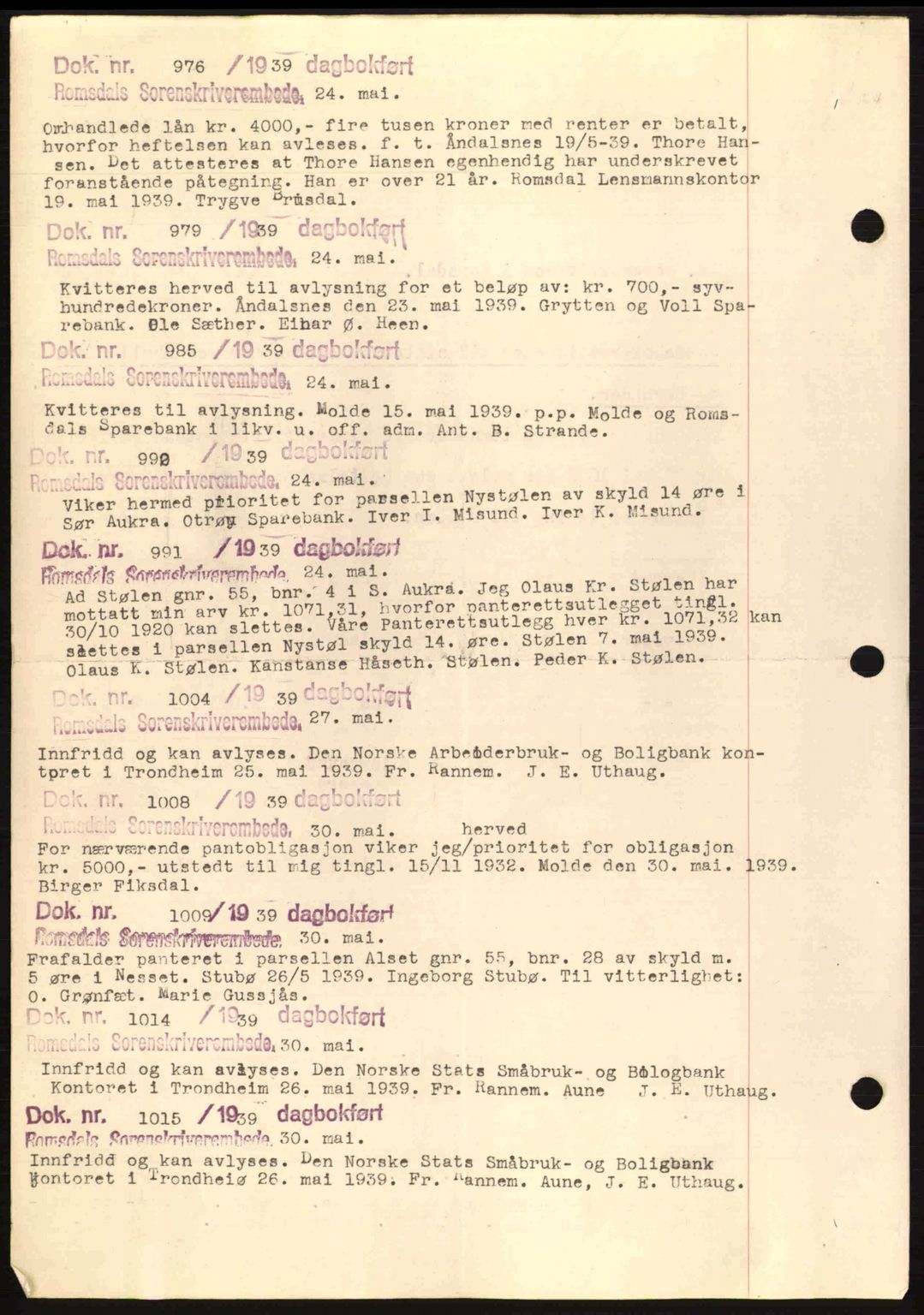 Romsdal sorenskriveri, AV/SAT-A-4149/1/2/2C: Mortgage book no. C1a, 1936-1945, Diary no: : 976/1939