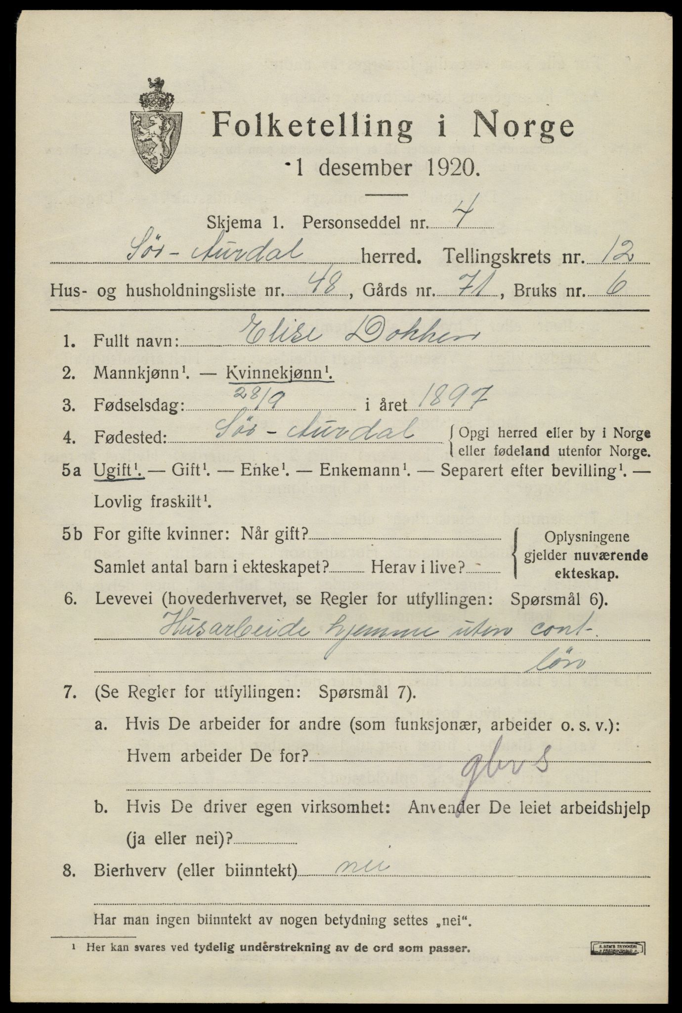 SAH, 1920 census for Sør-Aurdal, 1920, p. 7403