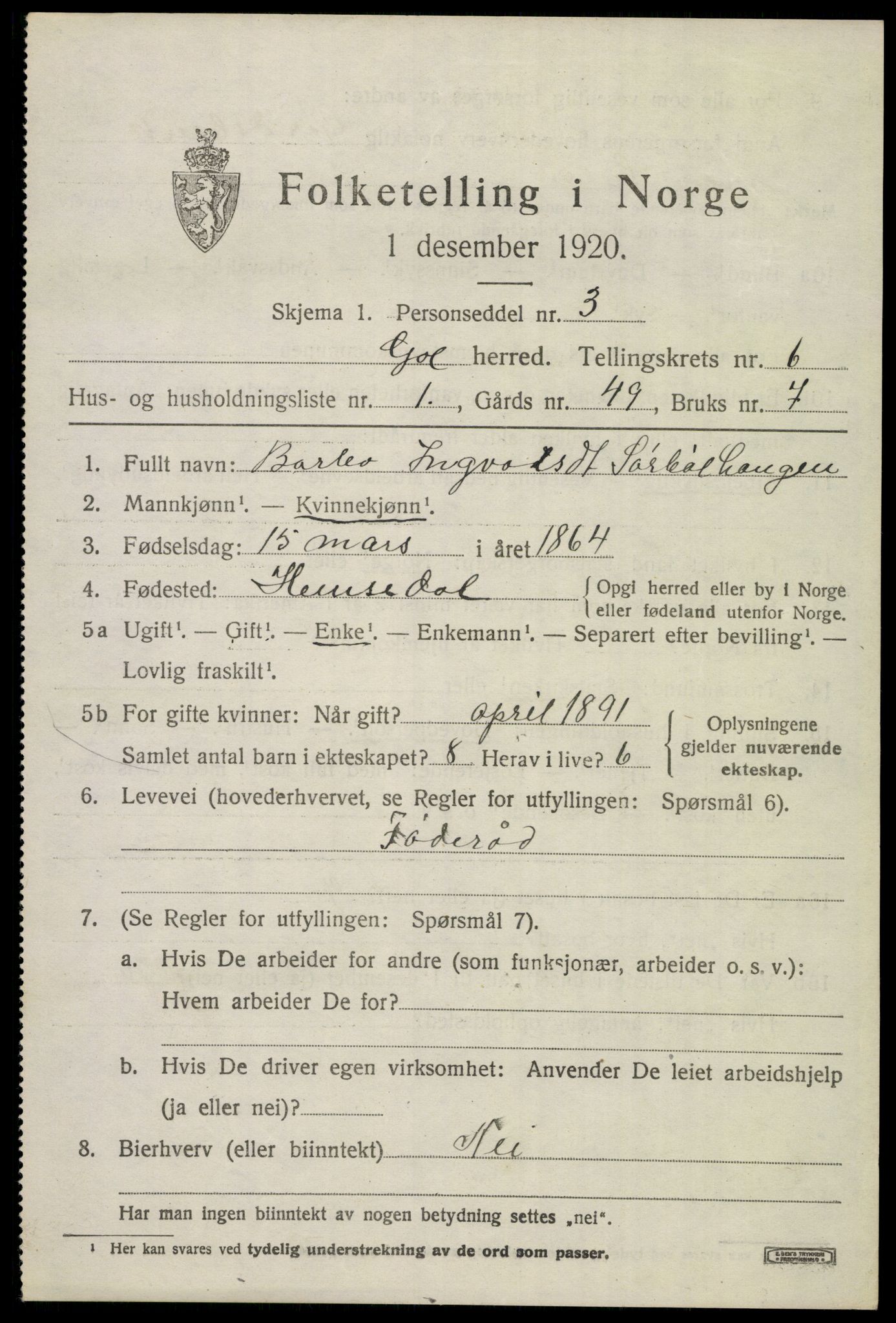 SAKO, 1920 census for Gol, 1920, p. 4580