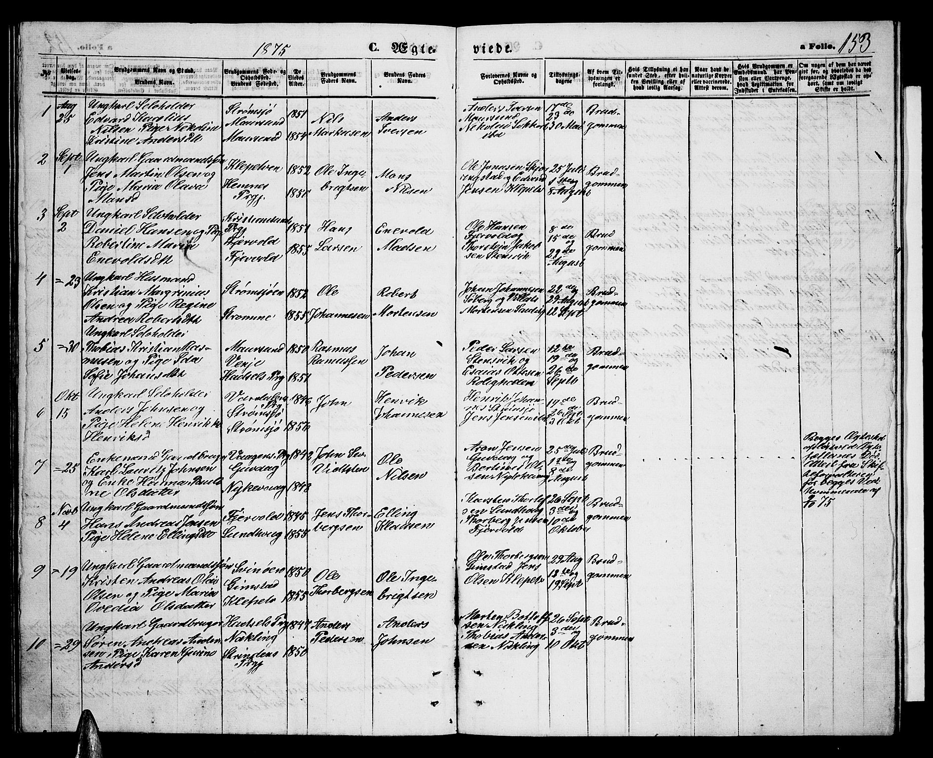 Ministerialprotokoller, klokkerbøker og fødselsregistre - Nordland, AV/SAT-A-1459/891/L1314: Parish register (copy) no. 891C03, 1870-1885, p. 153