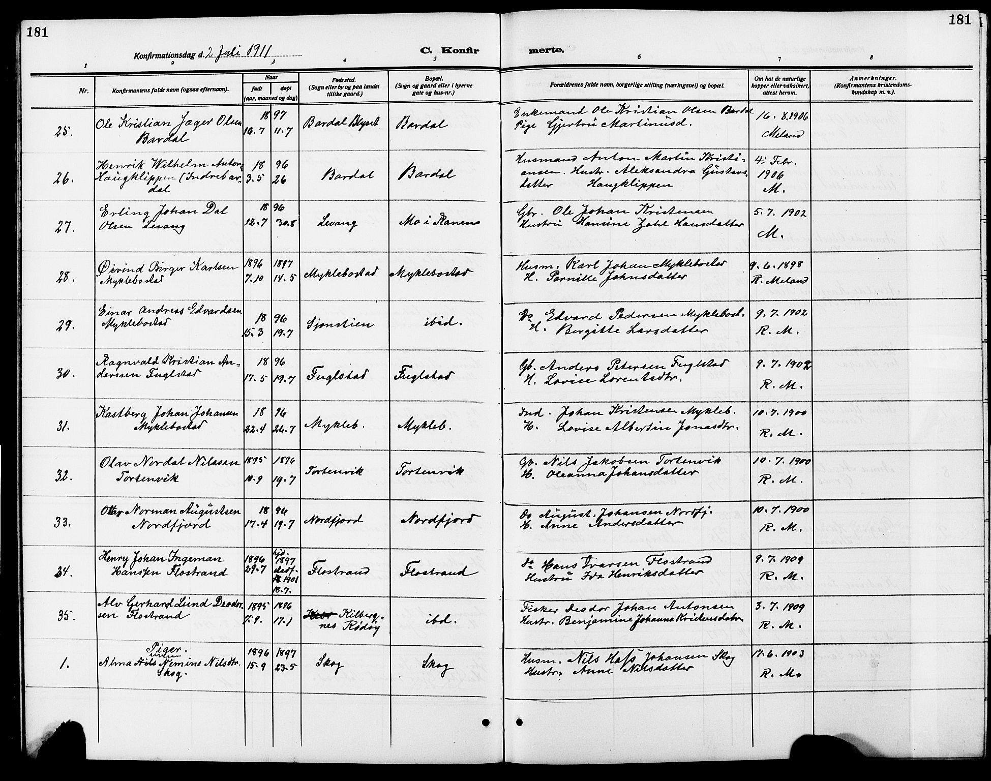 Ministerialprotokoller, klokkerbøker og fødselsregistre - Nordland, AV/SAT-A-1459/838/L0560: Parish register (copy) no. 838C07, 1910-1928, p. 181