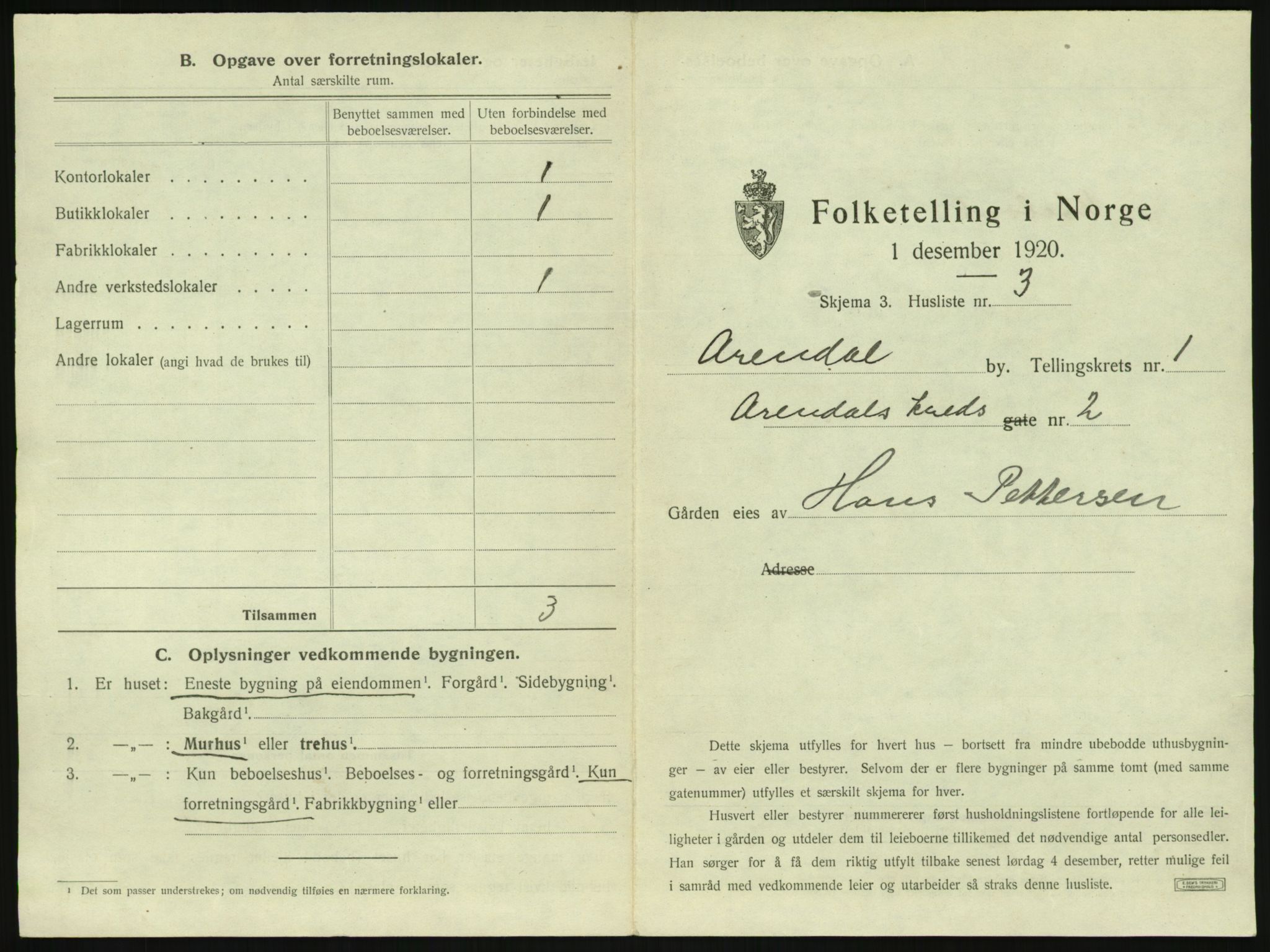 SAK, 1920 census for Arendal, 1920, p. 88