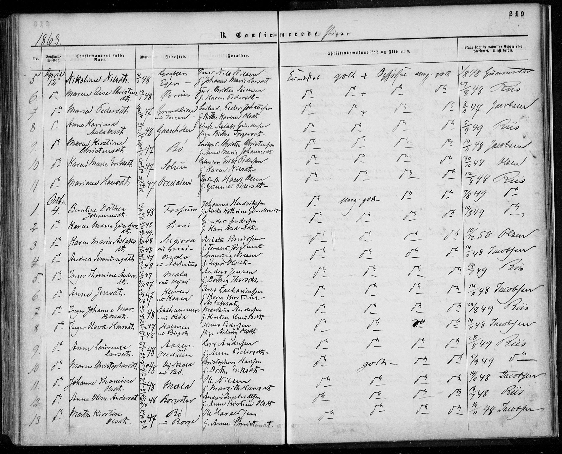 Gjerpen kirkebøker, SAKO/A-265/F/Fa/L0008a: Parish register (official) no. I 8A, 1857-1871, p. 219