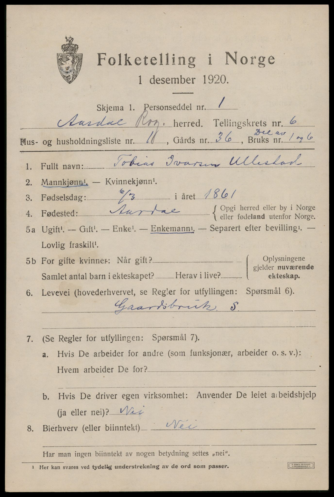 SAST, 1920 census for Årdal, 1920, p. 1756