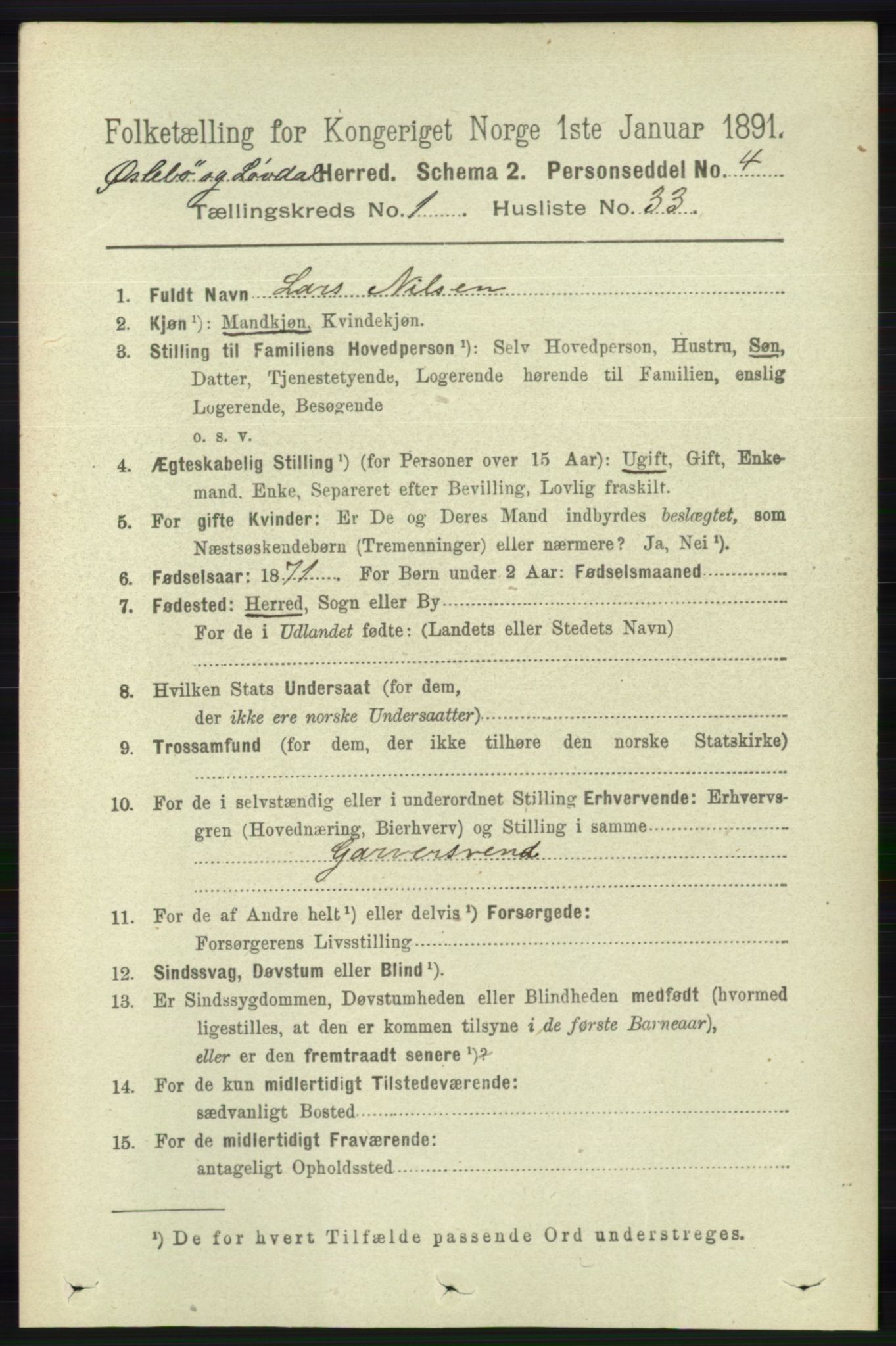 RA, 1891 census for 1021 Øyslebø og Laudal, 1891, p. 288