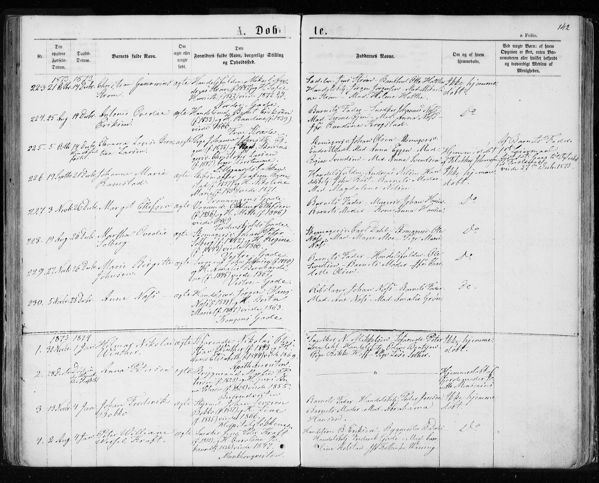 Ministerialprotokoller, klokkerbøker og fødselsregistre - Sør-Trøndelag, SAT/A-1456/601/L0054: Parish register (official) no. 601A22, 1866-1877, p. 142