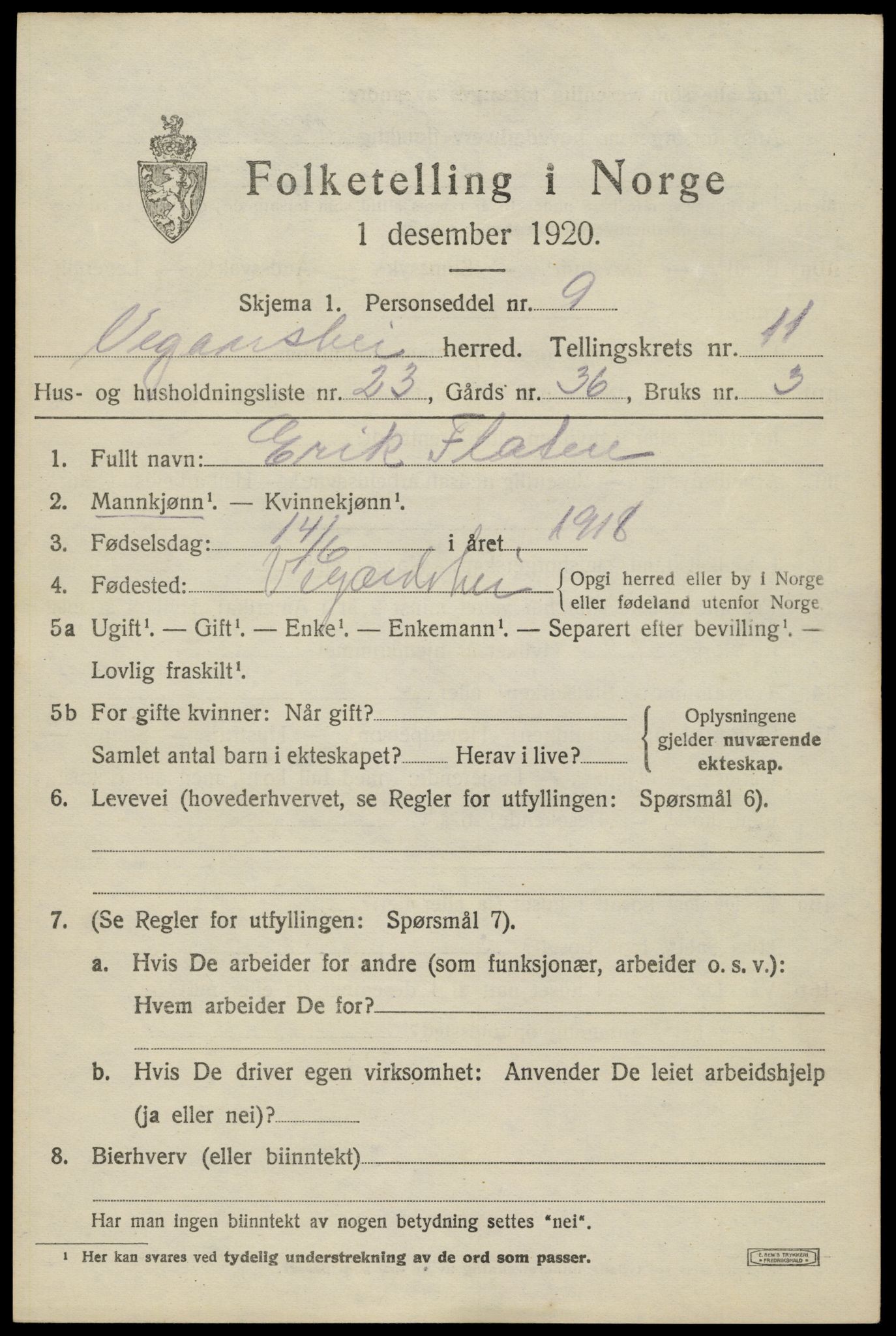 SAK, 1920 census for Vegårshei, 1920, p. 3734