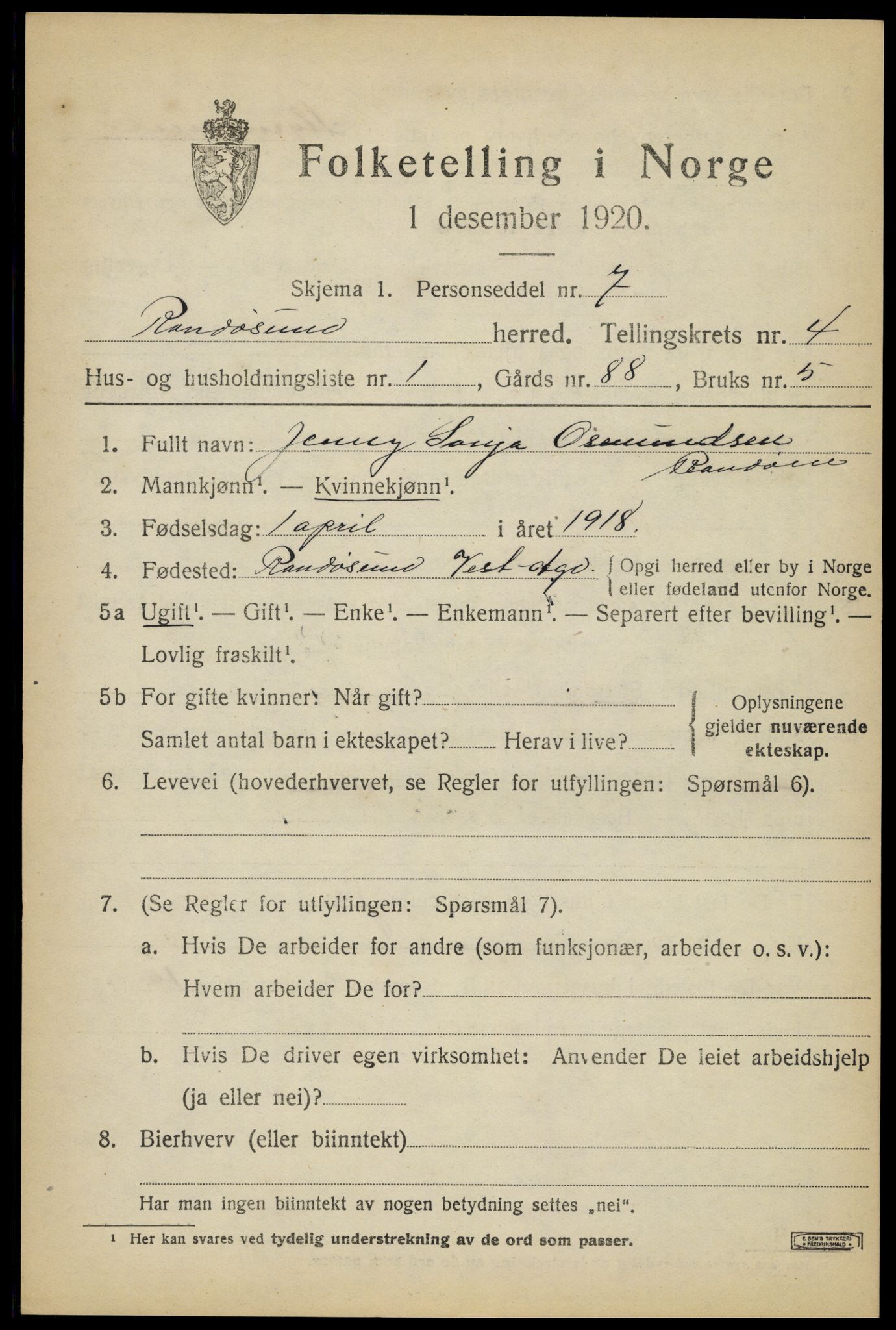SAK, 1920 census for Randesund, 1920, p. 1792