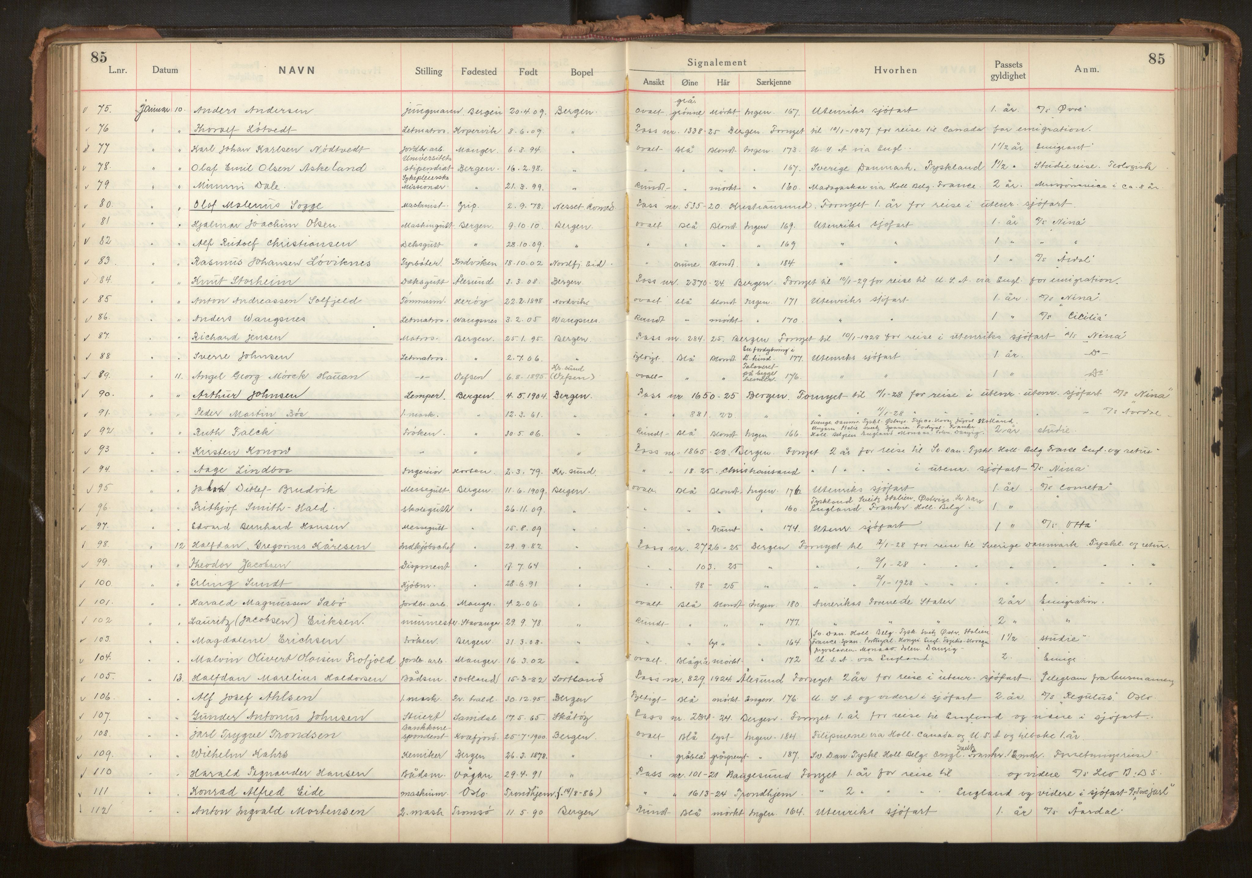 Bergen politikammer / politidistrikt, AV/SAB-A-60401/L/La/Lab/L0011: Passprotokoll, 1926-1928