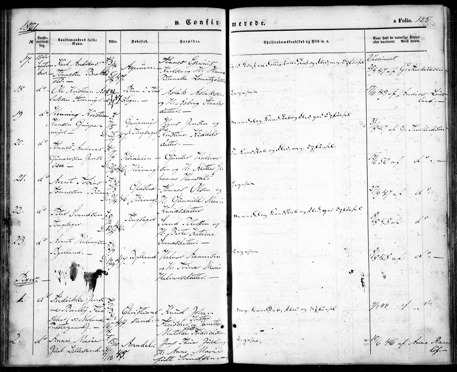 Vestre Moland sokneprestkontor, AV/SAK-1111-0046/F/Fa/Fab/L0007: Parish register (official) no. A 7, 1859-1872, p. 125