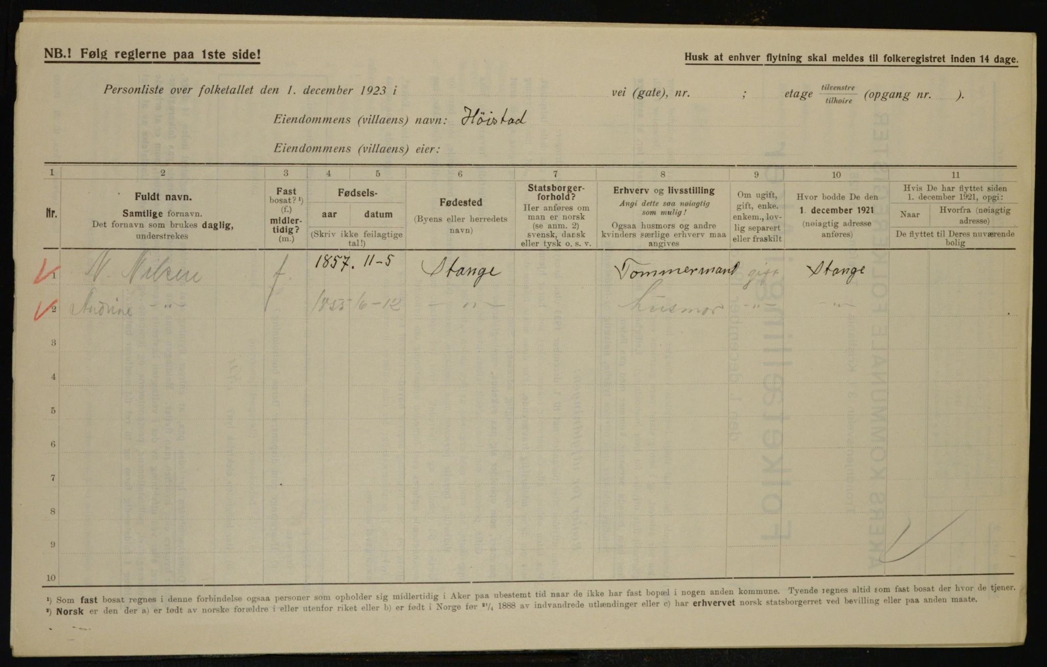 , Municipal Census 1923 for Aker, 1923, p. 46215