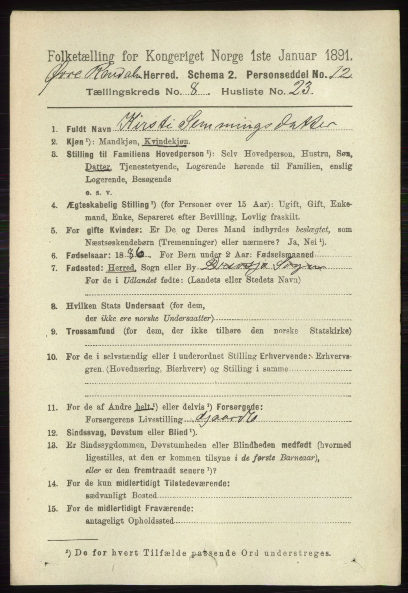 RA, 1891 census for 0433 Øvre Rendal, 1891, p. 2162