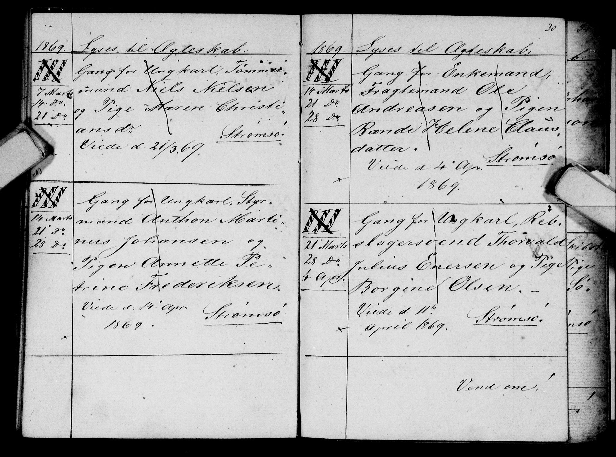 Strømsø kirkebøker, AV/SAKO-A-246/H/Ha/L0003: Banns register no. 3, 1866-1874, p. 30