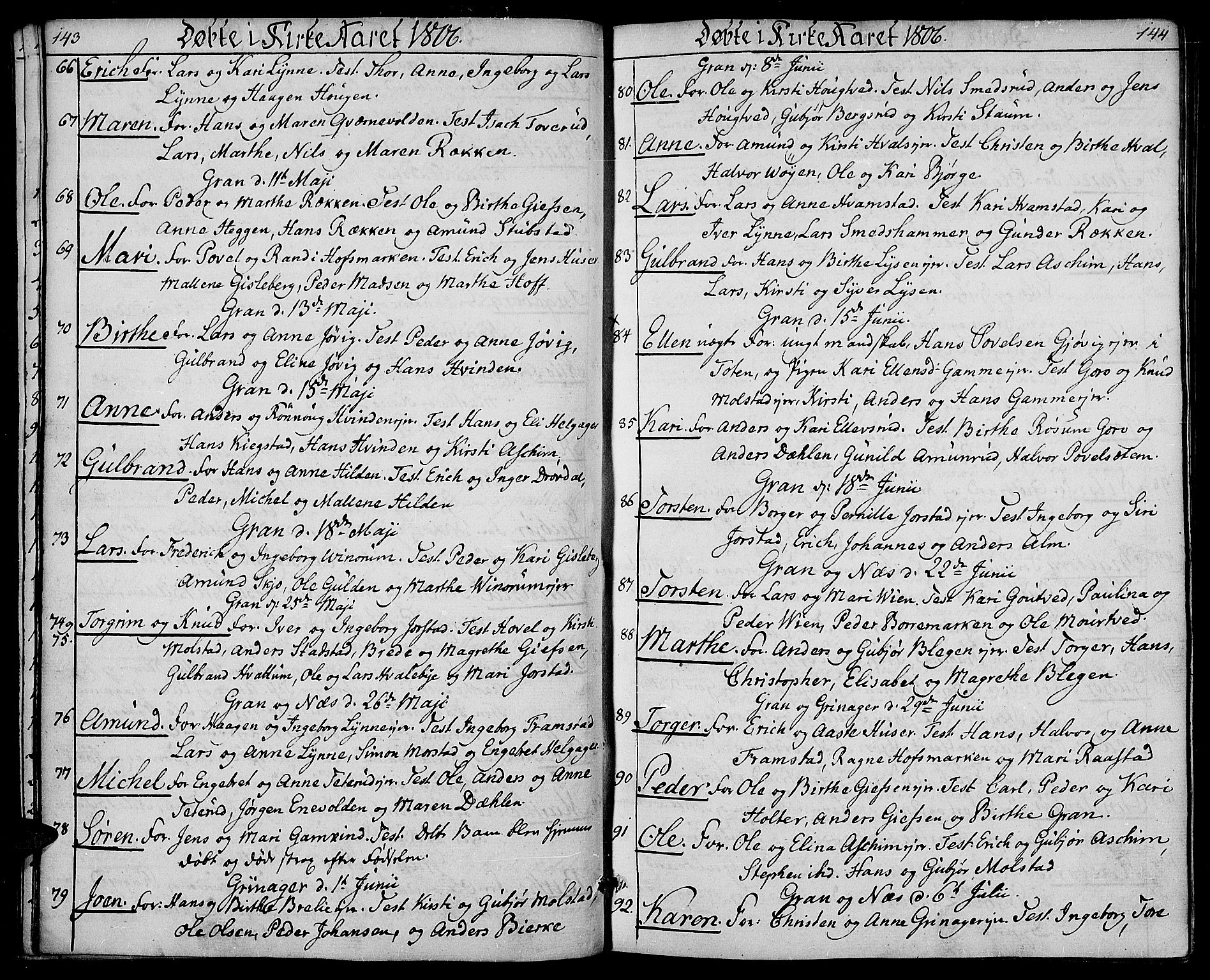 Gran prestekontor, AV/SAH-PREST-112/H/Ha/Haa/L0008: Parish register (official) no. 8, 1798-1811, p. 143-144