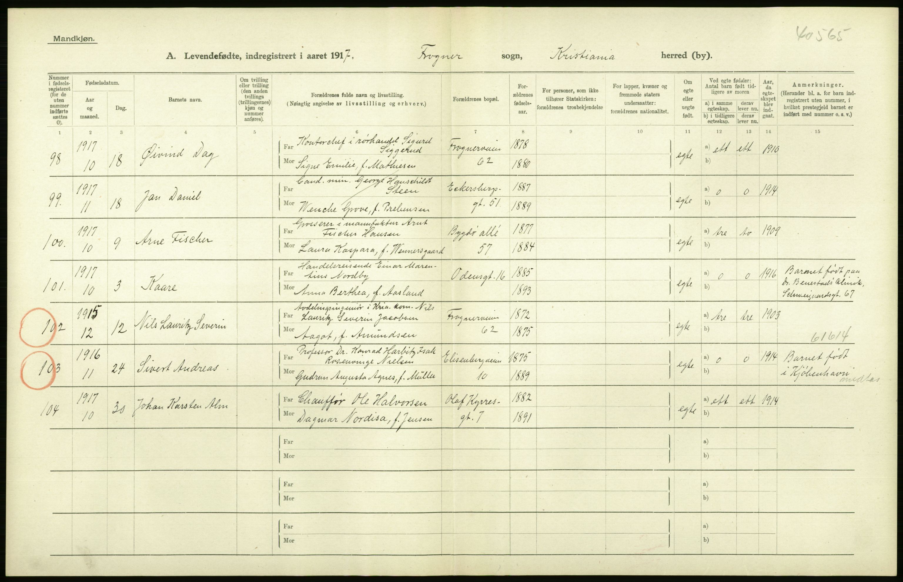 Statistisk sentralbyrå, Sosiodemografiske emner, Befolkning, AV/RA-S-2228/D/Df/Dfb/Dfbg/L0007: Kristiania: Levendefødte menn og kvinner., 1917, p. 248