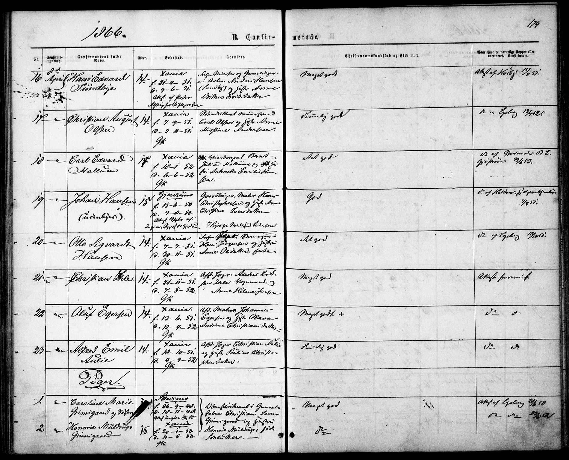 Garnisonsmenigheten Kirkebøker, AV/SAO-A-10846/F/Fa/L0010: Parish register (official) no. 10, 1859-1869, p. 174