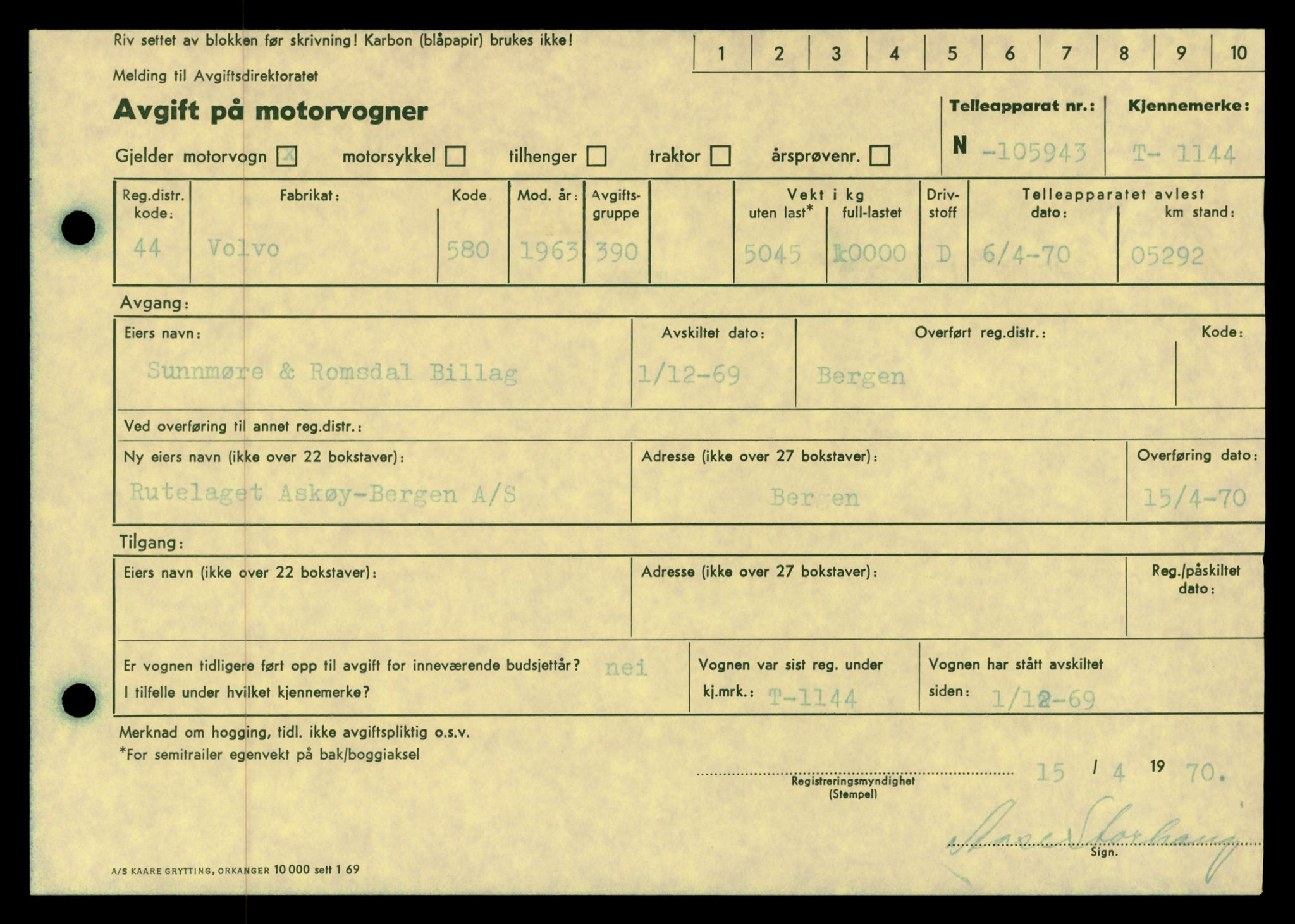 Møre og Romsdal vegkontor - Ålesund trafikkstasjon, AV/SAT-A-4099/F/Fe/L0010: Registreringskort for kjøretøy T 1050 - T 1169, 1927-1998, p. 2651