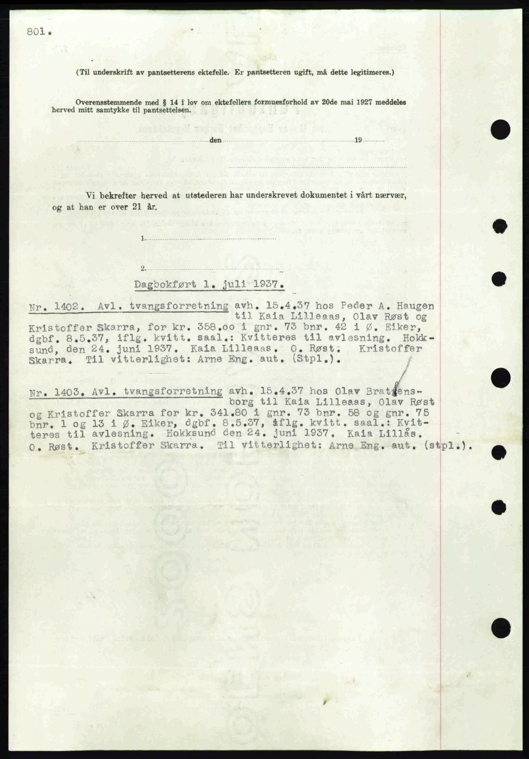 Eiker, Modum og Sigdal sorenskriveri, SAKO/A-123/G/Ga/Gab/L0035: Mortgage book no. A5, 1937-1937, Diary no: : 1402/1937