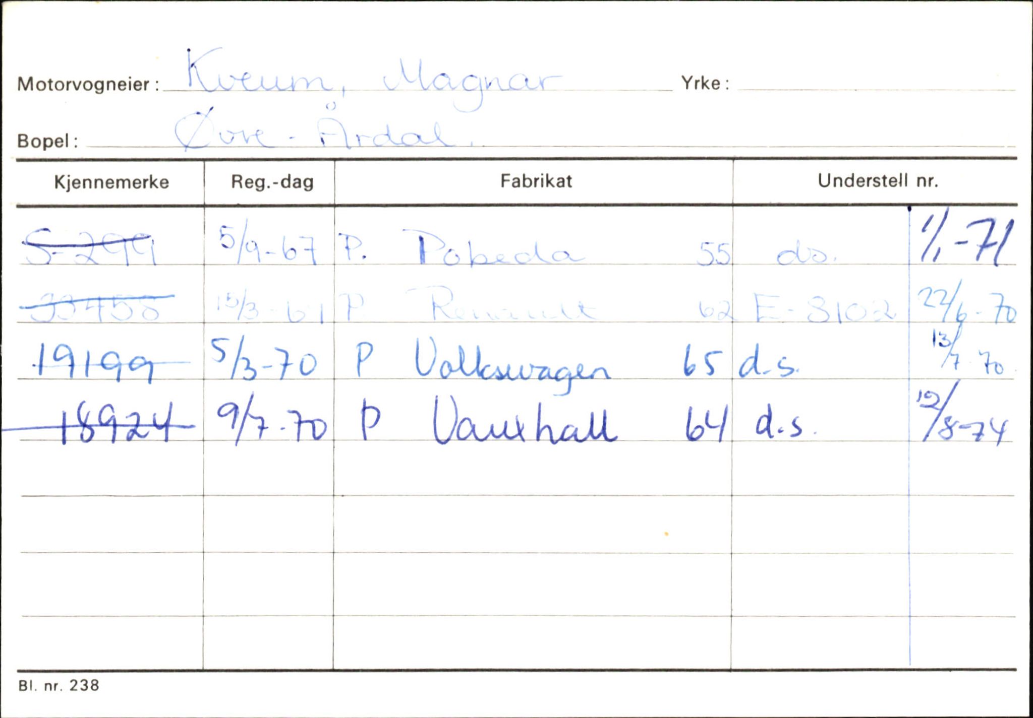 Statens vegvesen, Sogn og Fjordane vegkontor, SAB/A-5301/4/F/L0145: Registerkort Vågsøy S-Å. Årdal I-P, 1945-1975, p. 1323