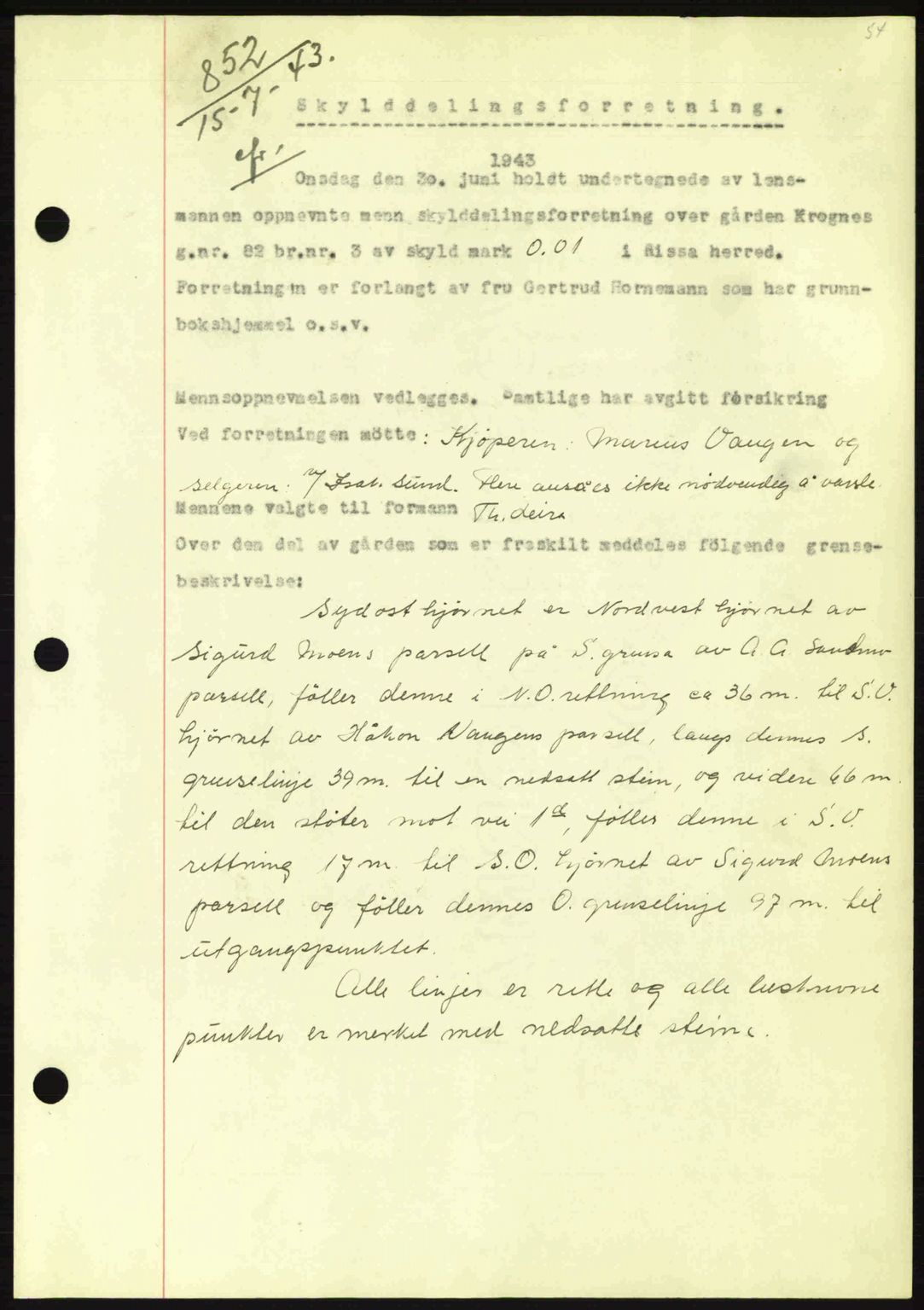 Fosen sorenskriveri, AV/SAT-A-1107/1/2/2C: Mortgage book no. A2, 1942-1943, Diary no: : 852/1943