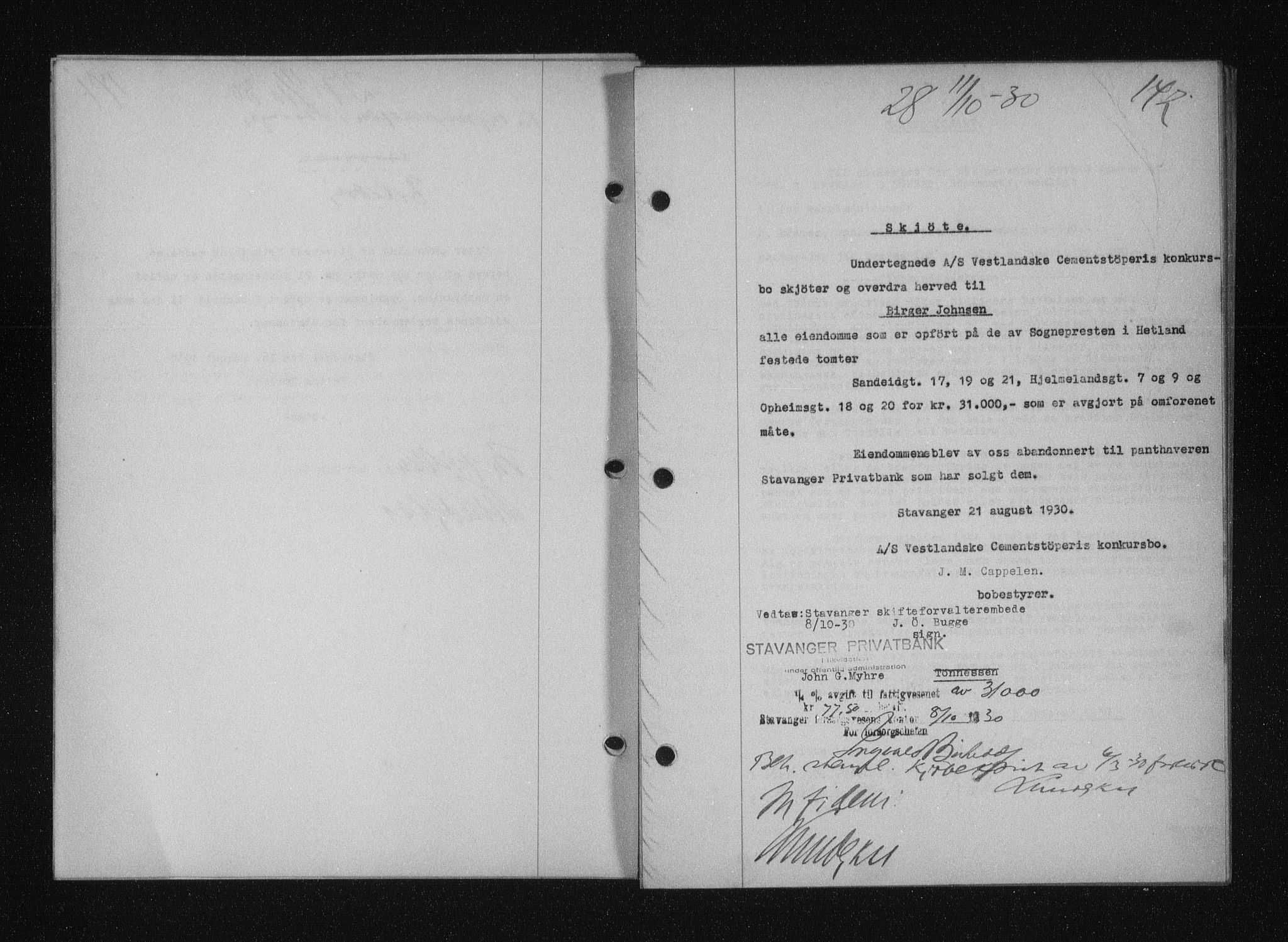 Stavanger byfogd, SAST/A-101408/001/4/41/410/410BB/L0058: Mortgage book no. 48, 1930-1931, Deed date: 11.10.1930