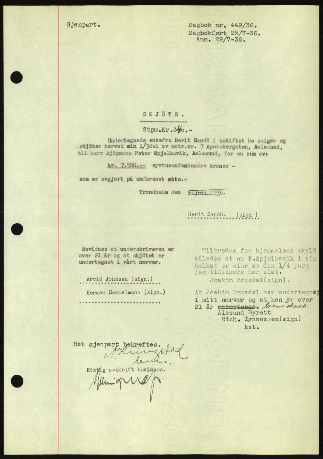Ålesund byfogd, AV/SAT-A-4384: Mortgage book no. 34 I, 1936-1938, Diary no: : 449/1936