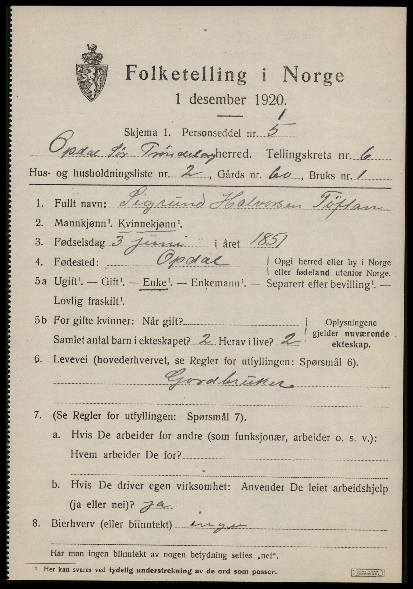 SAT, 1920 census for Oppdal, 1920, p. 5329