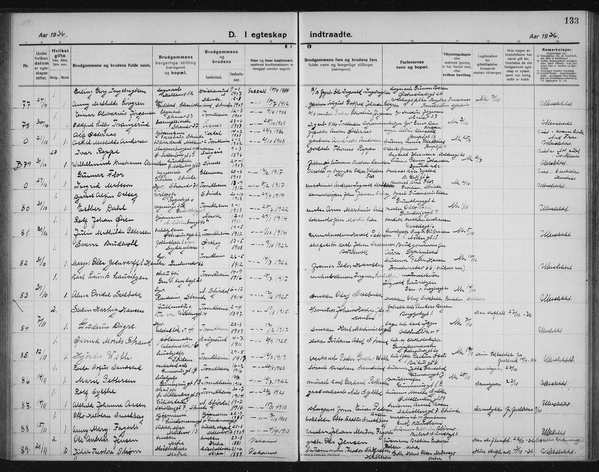 Ministerialprotokoller, klokkerbøker og fødselsregistre - Sør-Trøndelag, AV/SAT-A-1456/605/L0260: Parish register (copy) no. 605C07, 1922-1942, p. 133