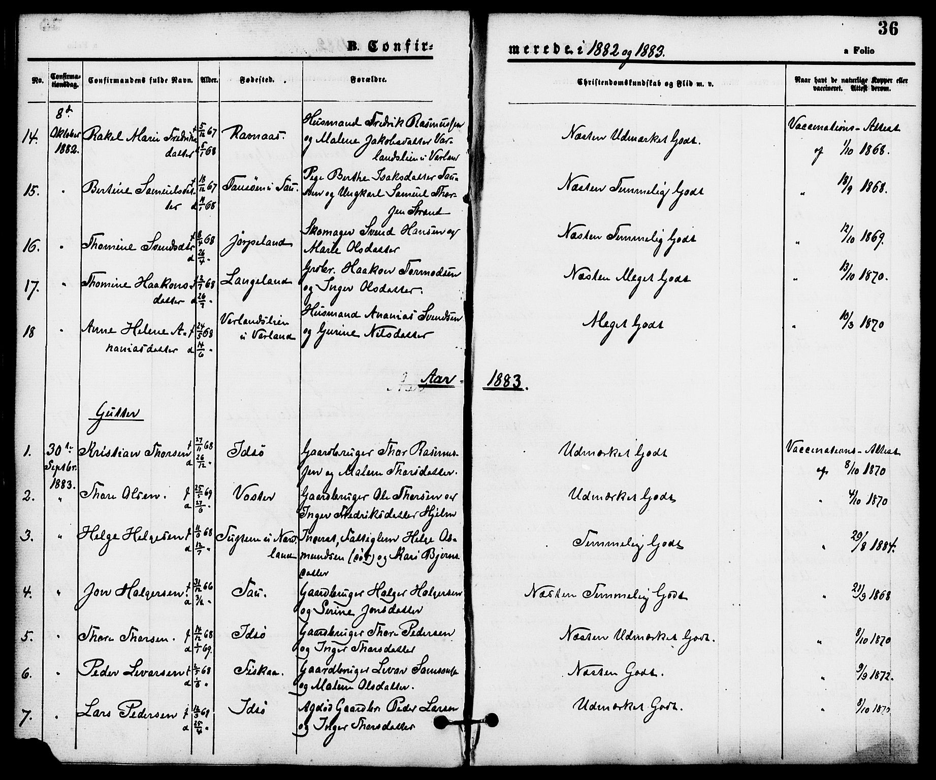 Strand sokneprestkontor, SAST/A-101828/H/Ha/Haa/L0008: Parish register (official) no. A 8, 1874-1907, p. 36