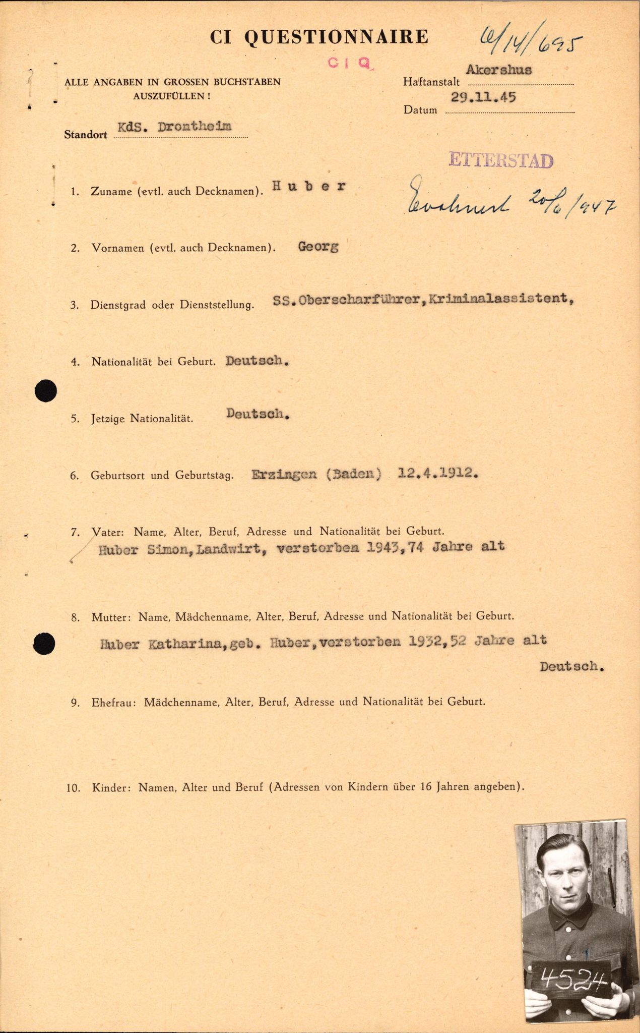 Forsvaret, Forsvarets overkommando II, RA/RAFA-3915/D/Db/L0014: CI Questionaires. Tyske okkupasjonsstyrker i Norge. Tyskere., 1945-1946, p. 93