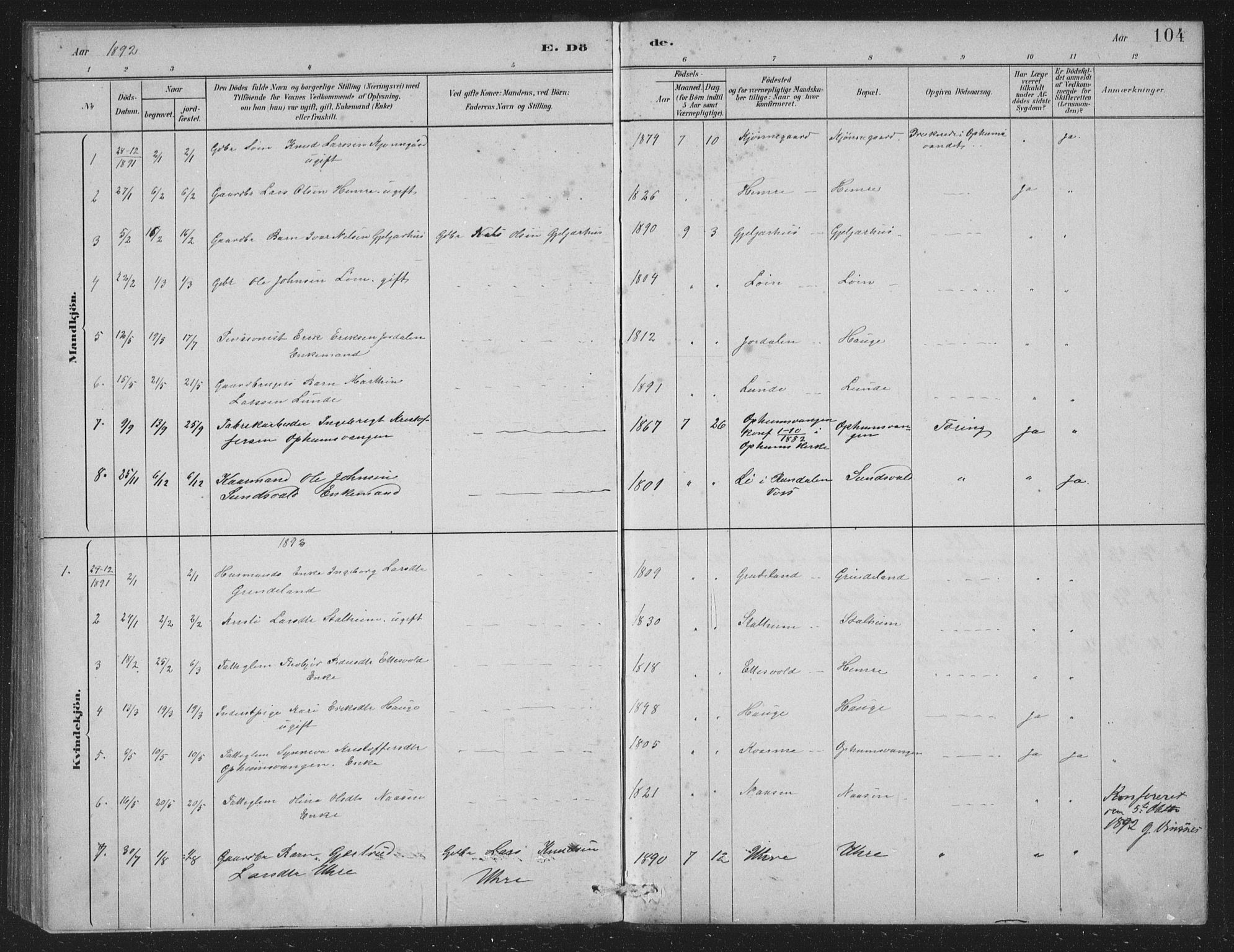 Vossestrand Sokneprestembete, AV/SAB-A-79101/H/Hab: Parish register (copy) no. A 2, 1880-1902, p. 104