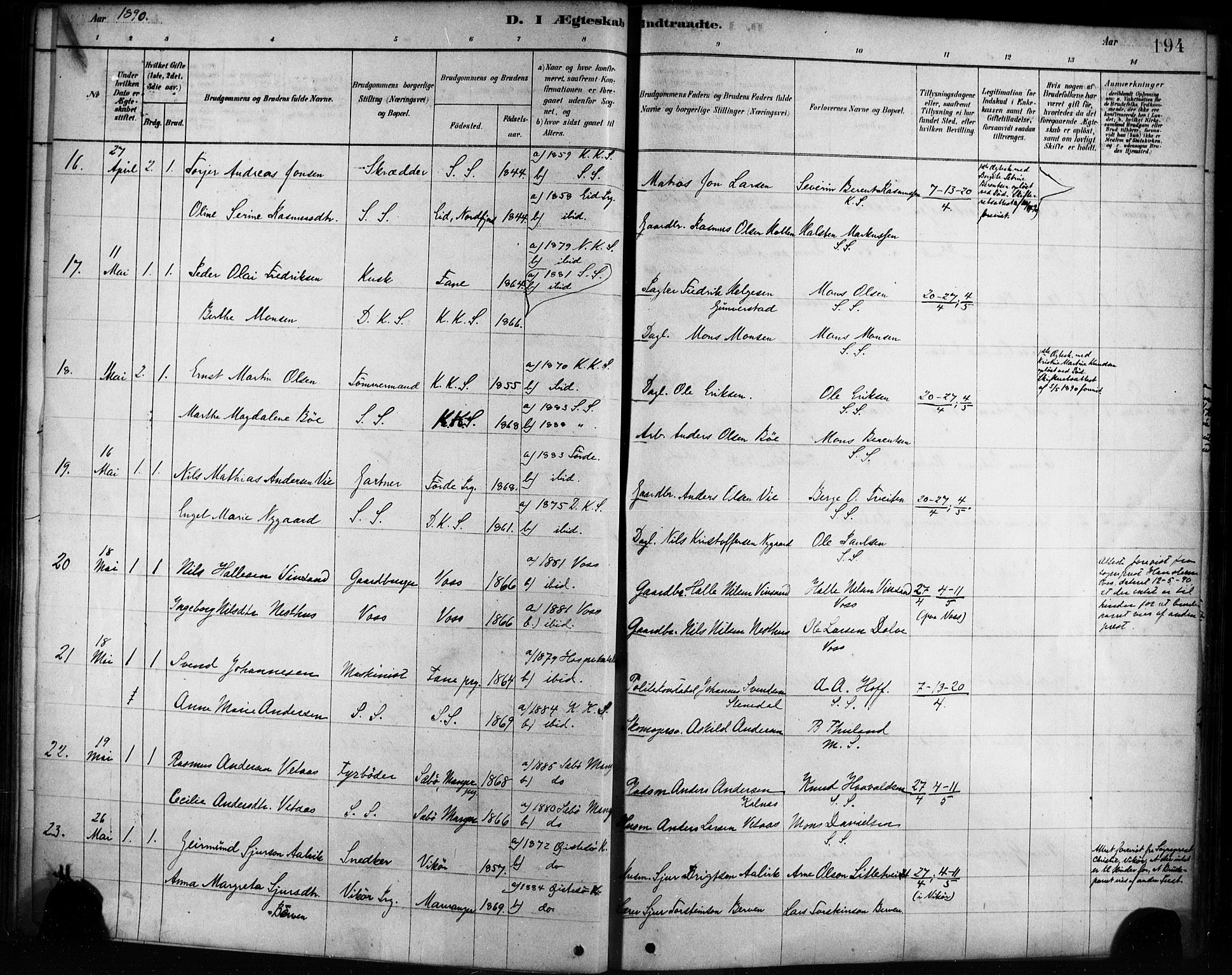 Sandviken Sokneprestembete, AV/SAB-A-77601/H/Ha/L0002: Parish register (official) no. A 2, 1878-1896, p. 194