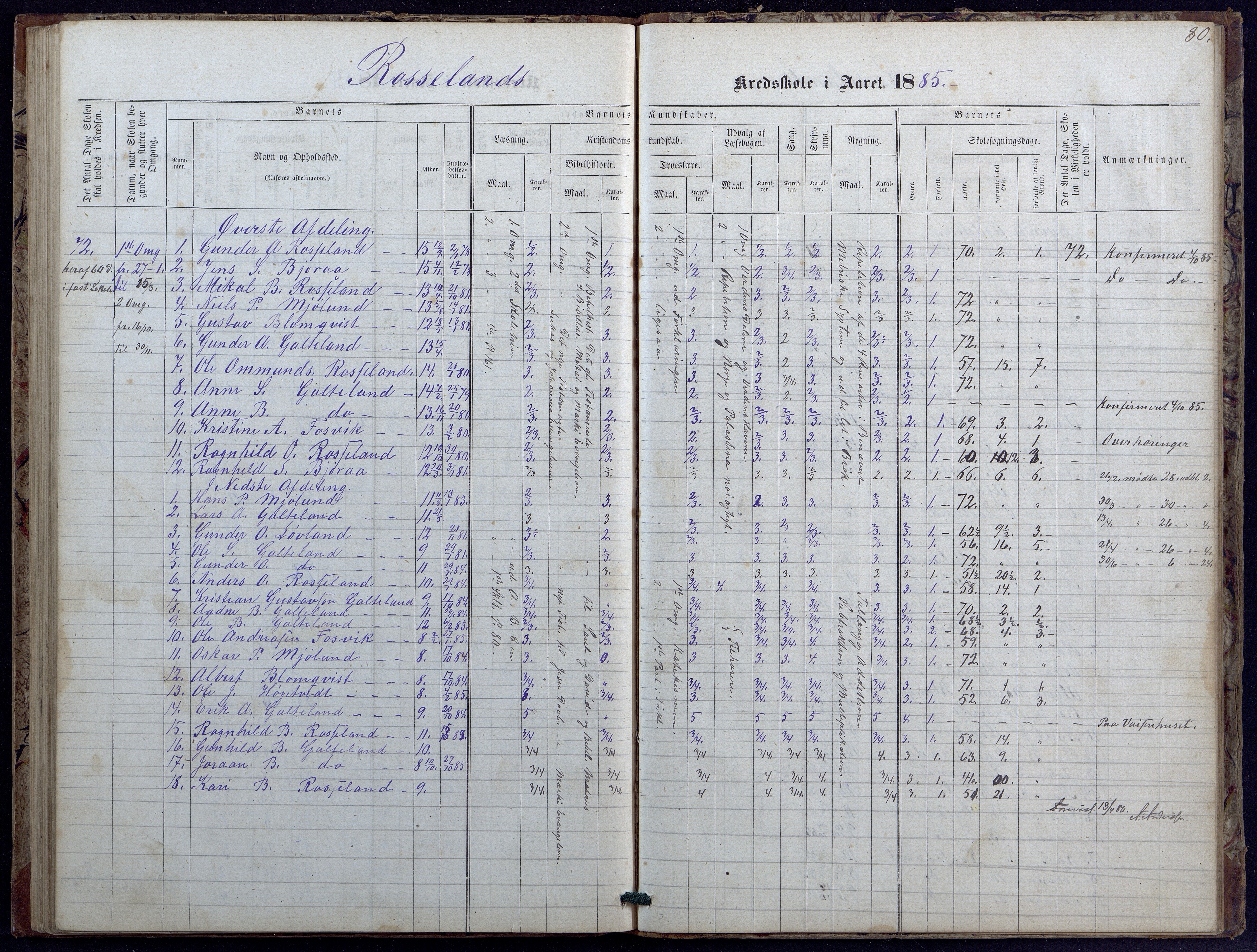 Evje kommune, Landsverk/Omland/Rosseland skolekretser, AAKS/KA0937-550d/F1/L0001: Skoleprotokoll for Landsverk, Omland, Rosseland skolekretser, 1863-1888, p. 80