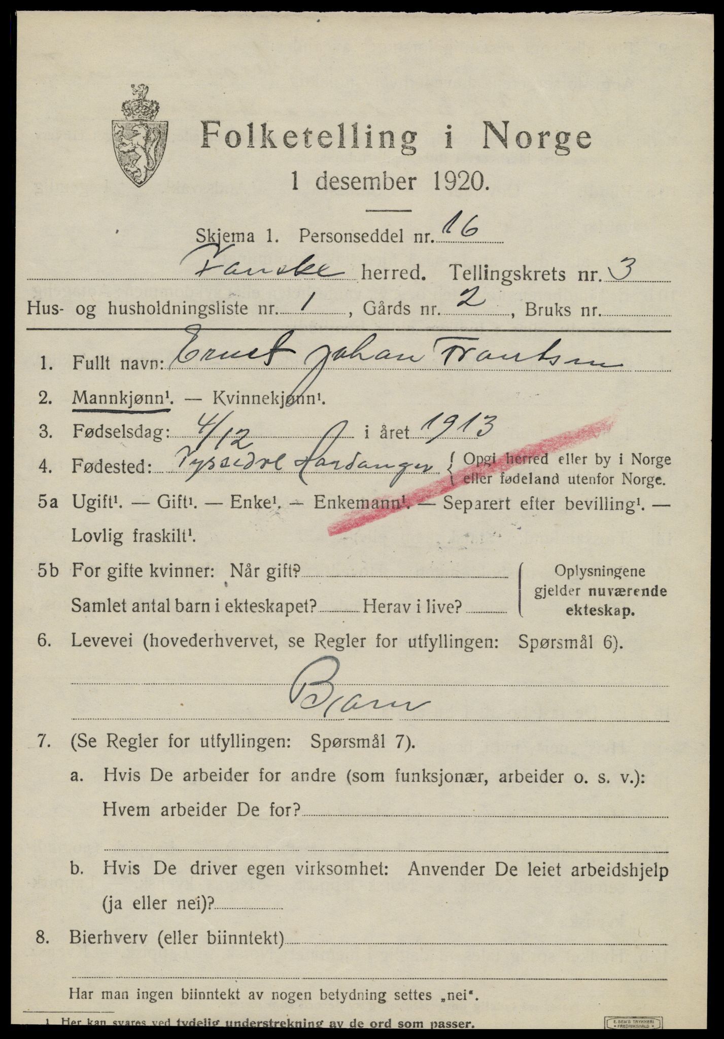 SAT, 1920 census for Fauske, 1920, p. 3514