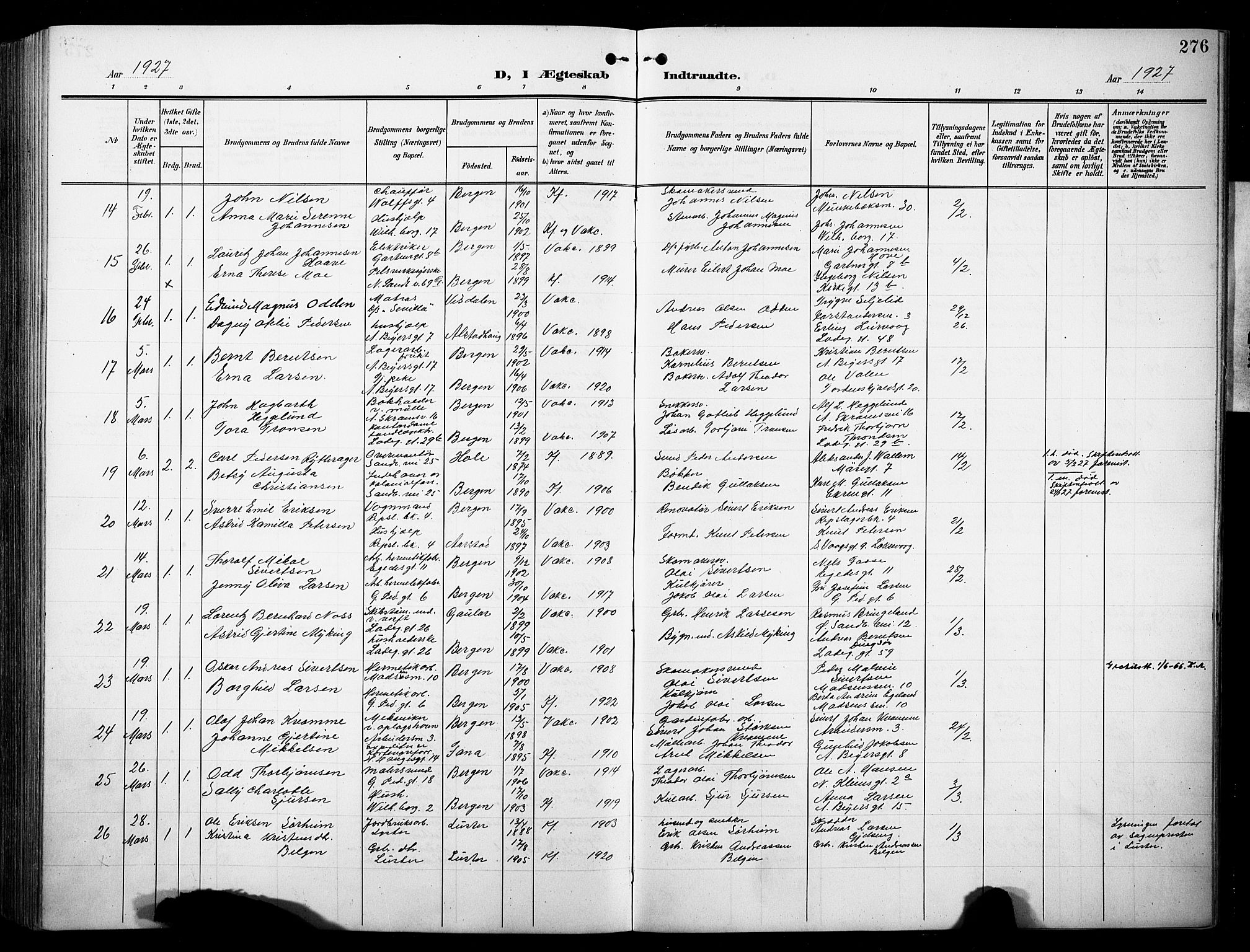 Sandviken Sokneprestembete, AV/SAB-A-77601/H/Hb/L0014: Parish register (copy) no. D 1, 1902-1929, p. 276