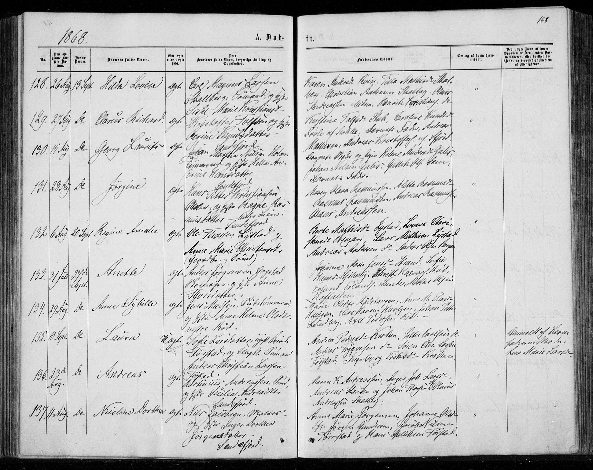 Sandar kirkebøker, SAKO/A-243/F/Fa/L0008: Parish register (official) no. 8, 1862-1871, p. 168